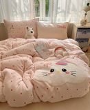  S09 - Bộ Chăn Ga Gối Nỉ Nhung Sữa Thêu Hoạt Hình 