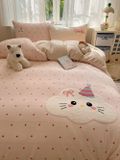  S09 - Bộ Chăn Ga Gối Nỉ Nhung Sữa Thêu Hoạt Hình 