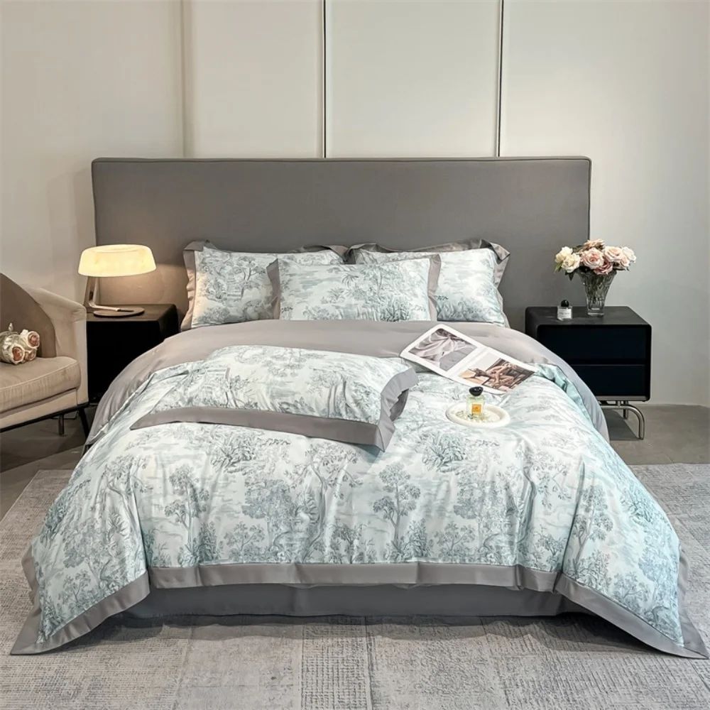  B58 - Bộ Chăn Ga Gối Lụa Thái 4 Món Hoa Xanh Xám 