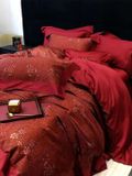  S17 - Bộ Chăn Ga Gối Lụa Cưới 100s Dệt Gấm Đỏ 
