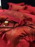  S17 - Bộ Chăn Ga Gối Lụa Cưới 100s Dệt Gấm Đỏ 