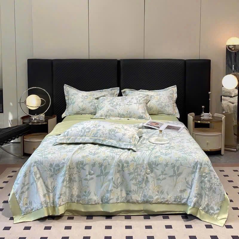  B3 - Bộ Chăn Ga Gối Lụa Thái 4 Món Hoa Lá Xanh 