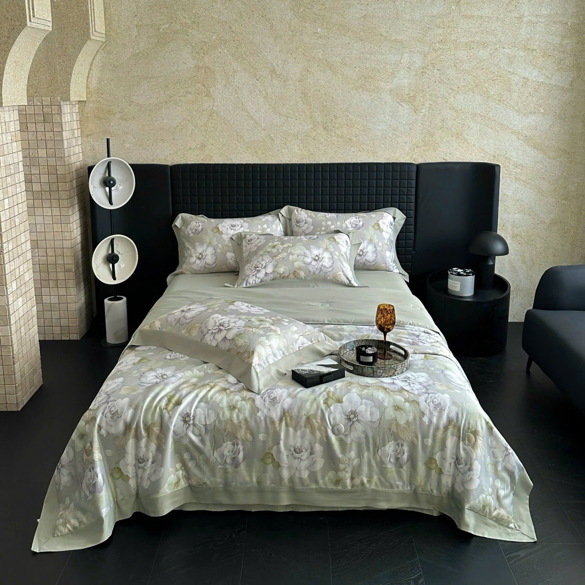  Bộ Chăn Ga Gối Lụa Tencel 40s Họa Tiết Hoa Hải Đường Xanh Lá 