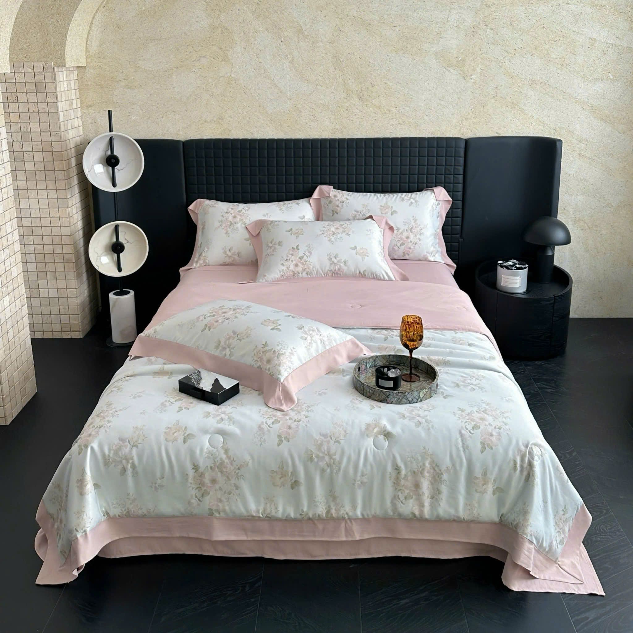  Bộ Chăn Ga Gối Lụa Tencel 40s Họa Tiết Hoa Đào Hồng Phấn 