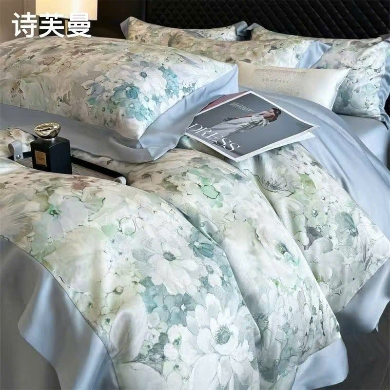  B46 - Bộ Chăn Ga Gối Lụa Thái 4 Món Hoa Cúc Xanh Trắng 