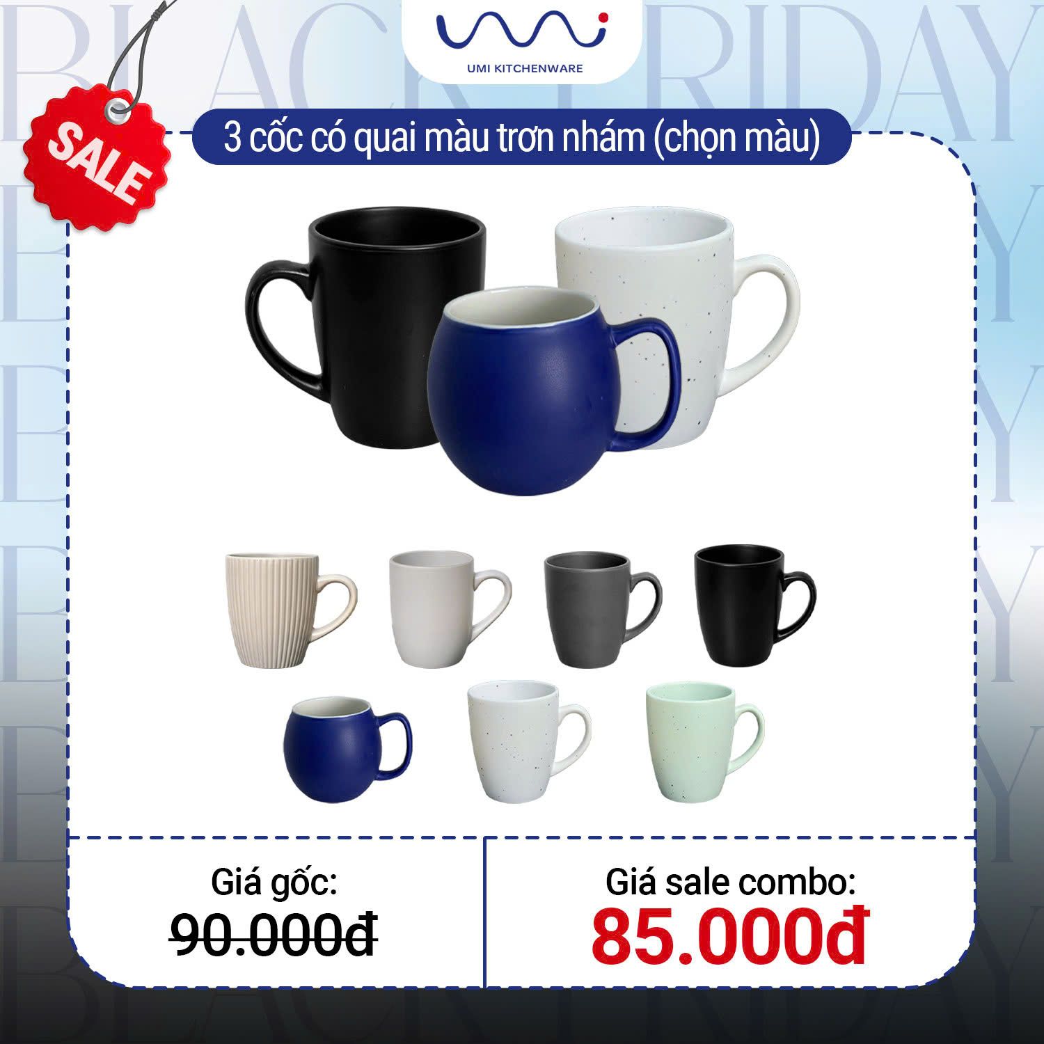  B10 - Combo 3 cốc sứ có quai màu trơn lì 