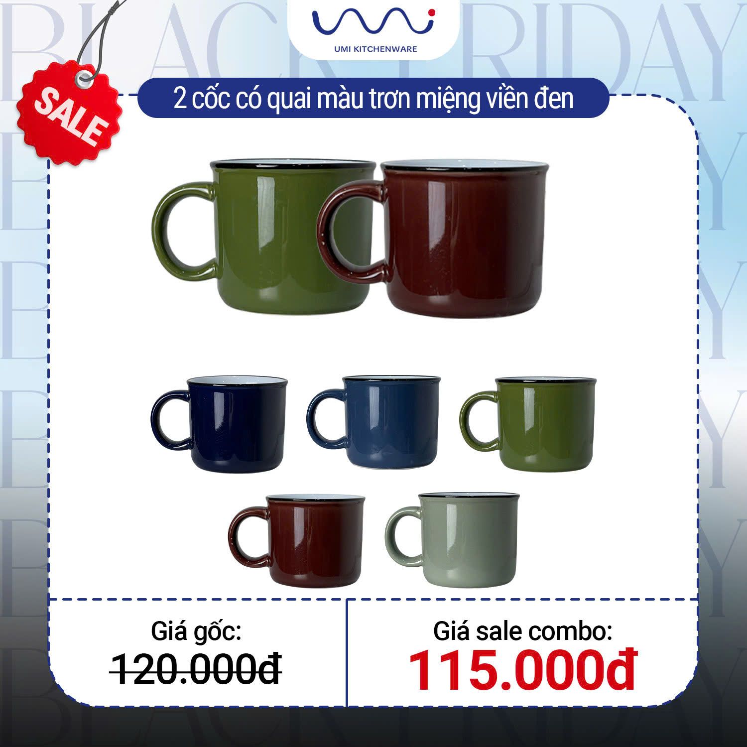  B41 - Combo 2 cốc có quai màu trơn viền đen 