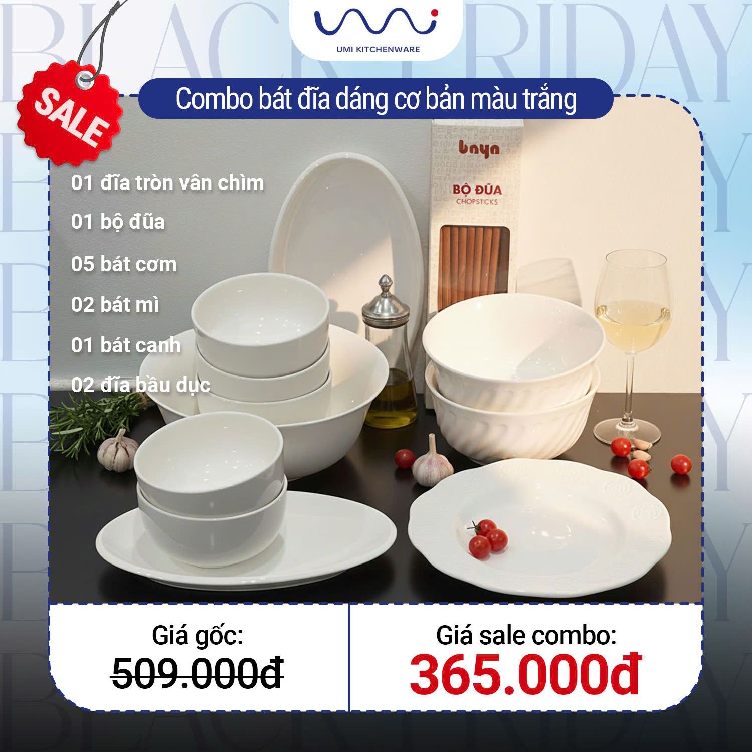  B09 - Combo bát đĩa màu trắng kèm 10 đôi đũa 