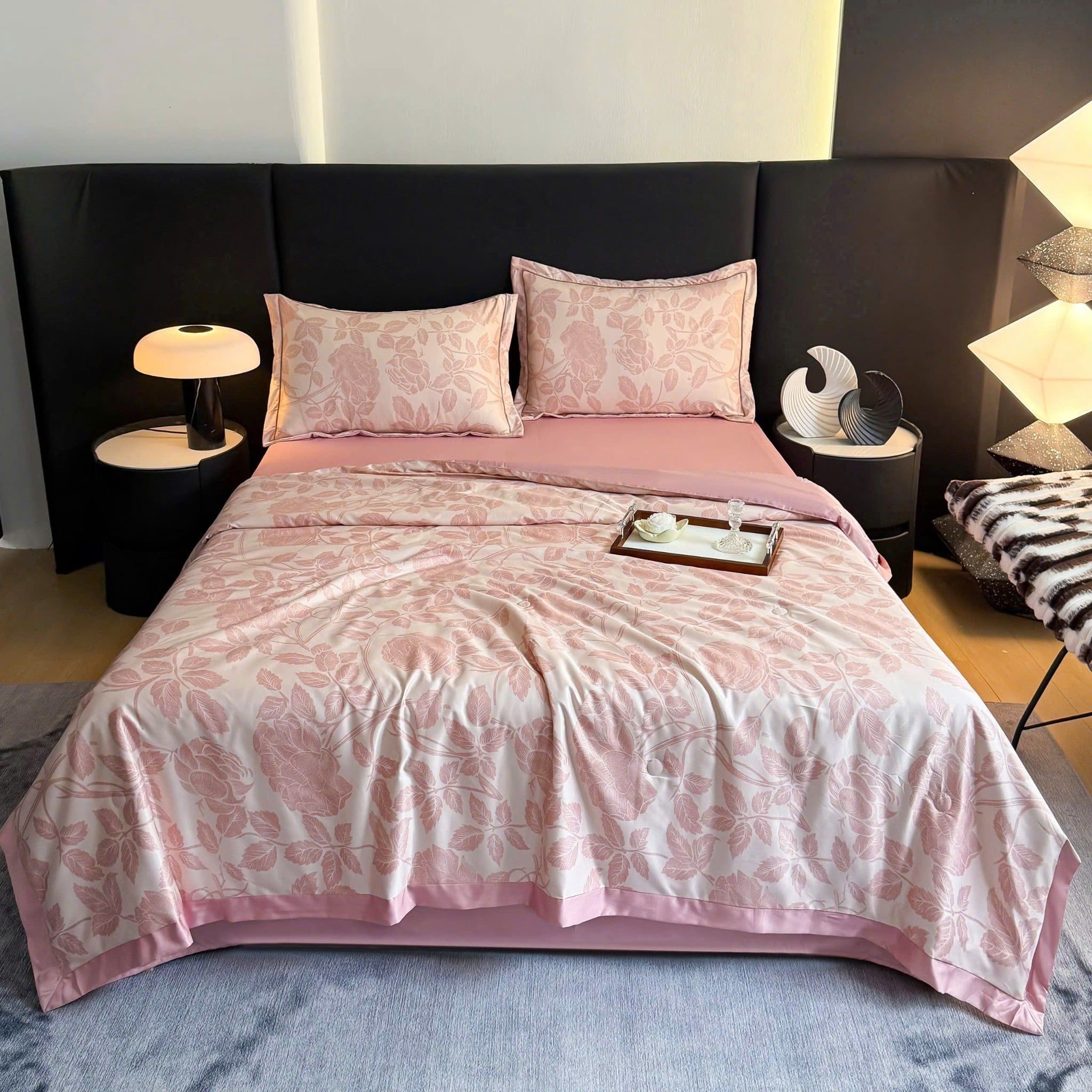  B79 - Bộ Chăn Ga Gối Lụa Thái 4 Món Hoa Mẫu Đơn Hồng Nhỏ 