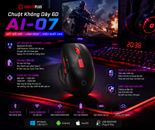  Chuột Không Dây AI-07 6D Sạc Lại – Kết Nối Bluetooth & 2.4G, DPI 2400 