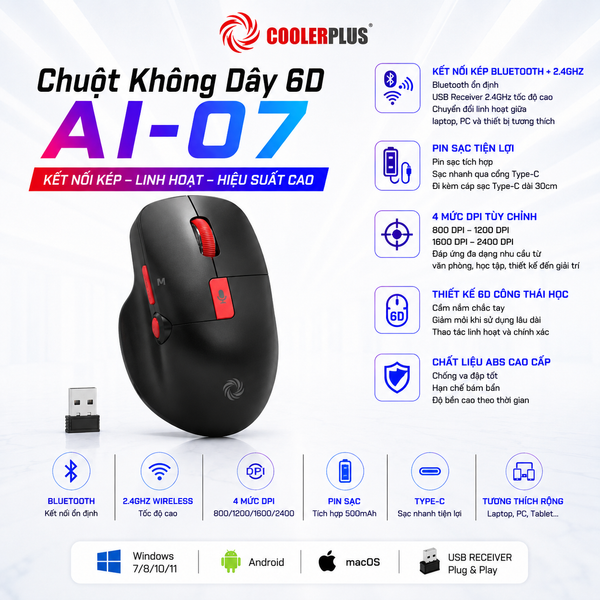  Chuột Không Dây AI-07 6D Sạc Lại – Kết Nối Bluetooth & 2.4G, DPI 2400 