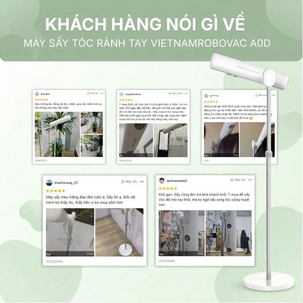 MÁY SẤY TÓC ĐỨNG VIETNAMROBOVAC A0D - Chăm Sóc Tóc Mềm Mại Bằng ion Âm - Điều Chỉnh Góc 180 Độ