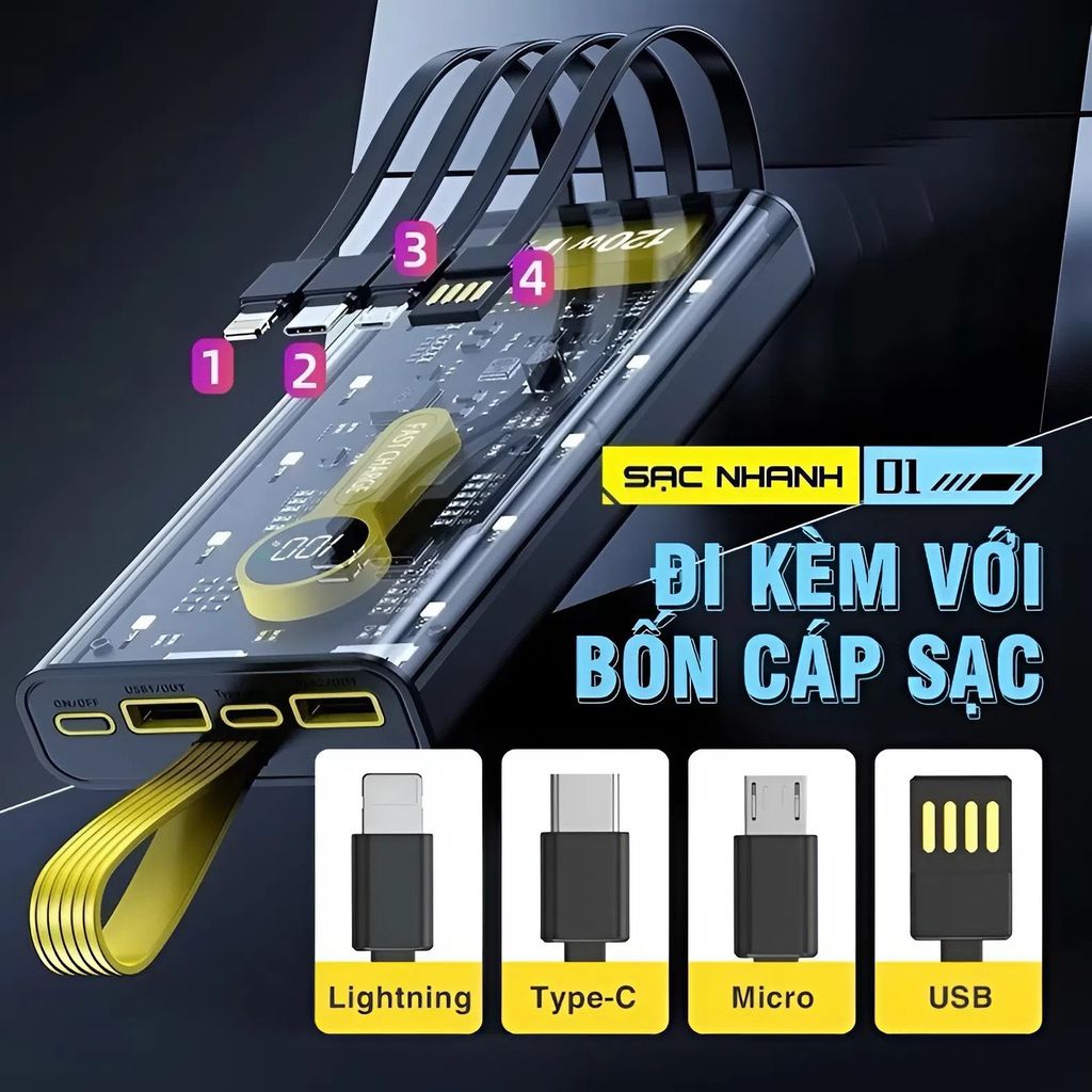 Pin Sạc Dự Phòng 20.000mAh 120W - Trong Suốt, Sạc Siêu Nhanh