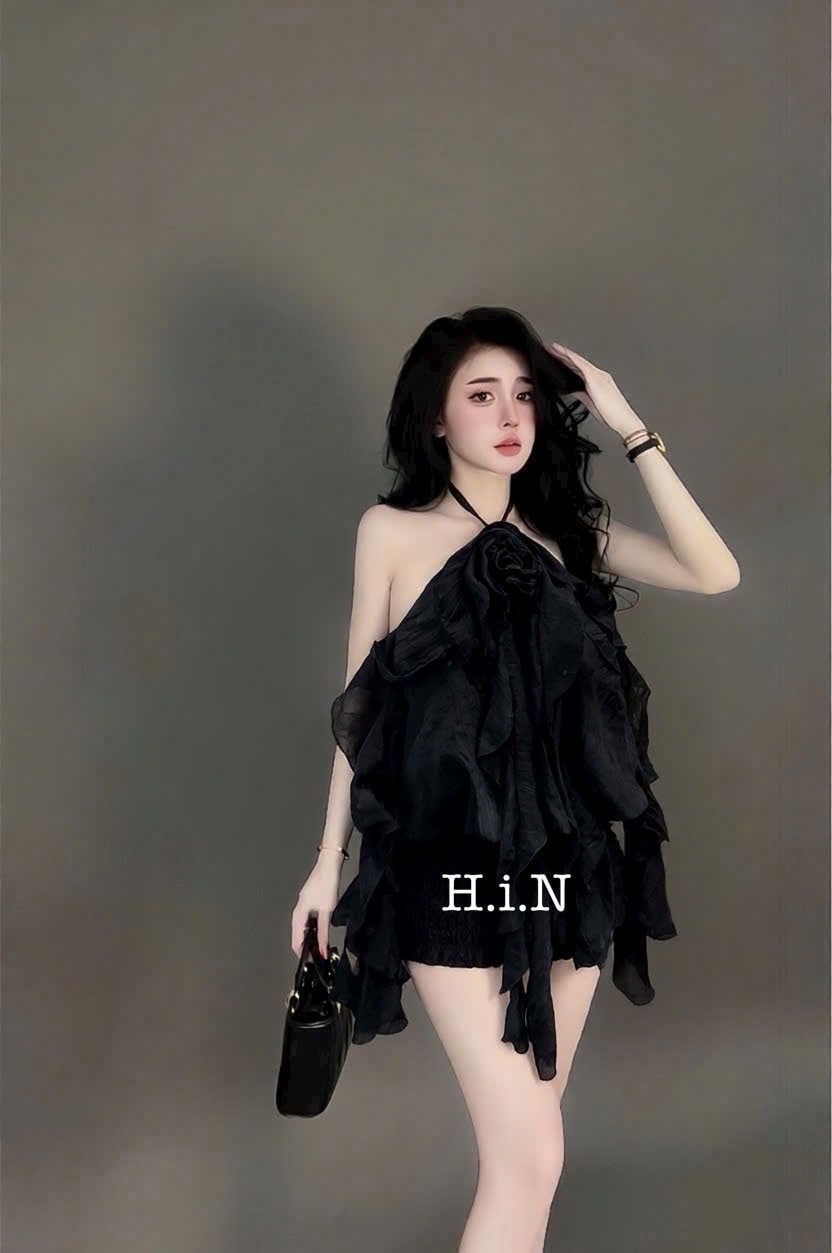  Váy yếm tầng voan phối chân bo nhún - ĐEN - V27 