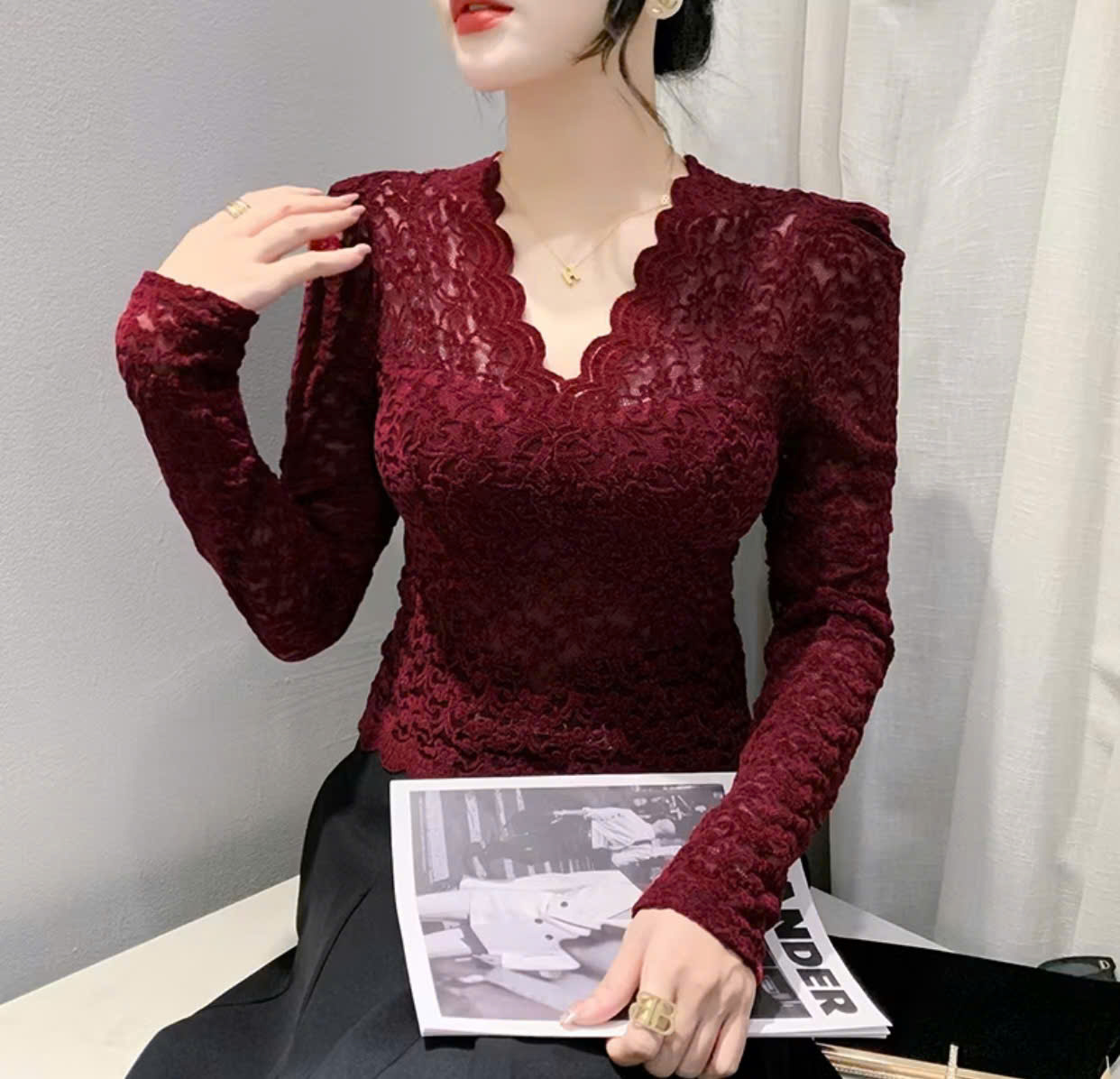  Áo ren nhung tay dài đúp lót 2 lớp có mood ngực - ĐỎ - B132 