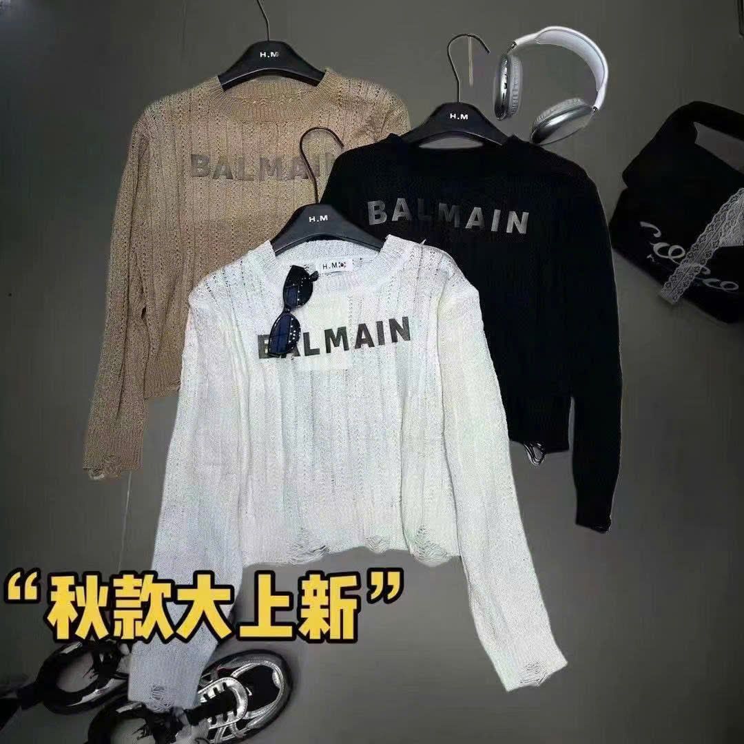  Áo len tay dài dáng ngắn chữ balmain - ĐEN - A168 ( dài 50cm ) 