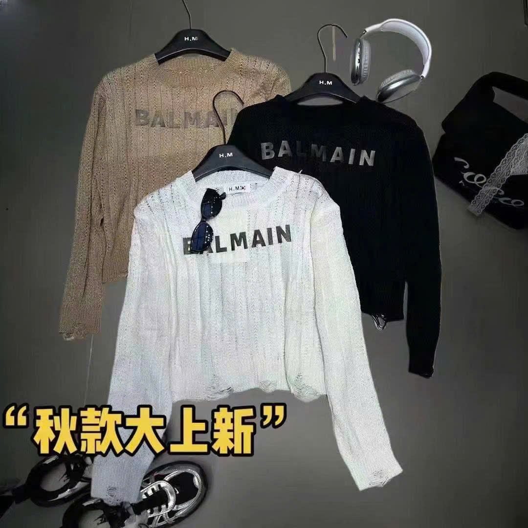  Áo len tay dài dáng ngắn chữ balmain - KEM - A169 ( dài 50cm ) 