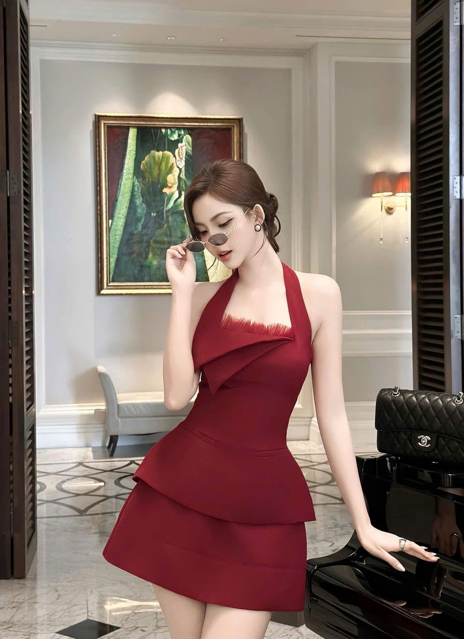  Set áo cổ yếm vạt nhọn tua rua mix chân váy dáng A - ĐỎ - S209 ( eo S<68, M<72 ) 