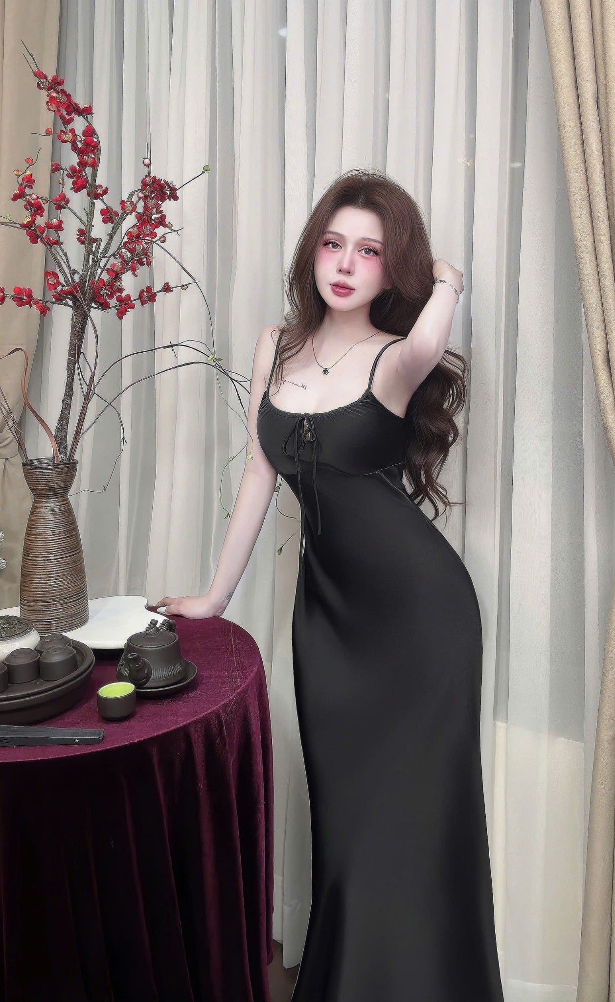  Đầm lụa hai dây buộc dây ngực dáng suông dài 130cm - ĐEN - C206 (EO S<68, M<72, L<76) - HÀNG SALE LỖ KO ĐỔI TRẢ DƯỚI MỌI HÌNH THỨC 