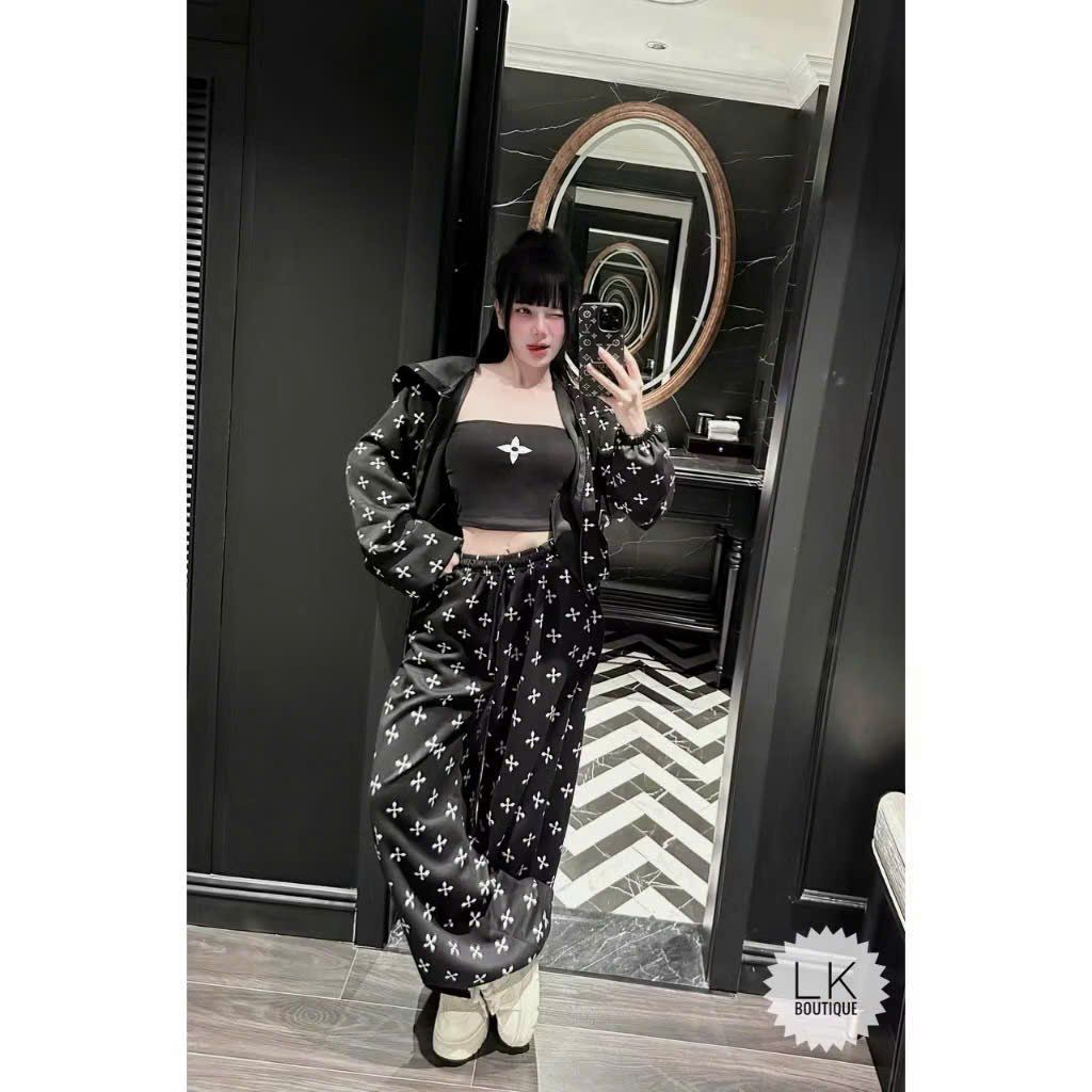  Set áo khoác khoá kéo mix quần suông hoạ tiết sao - ĐEN - G101 