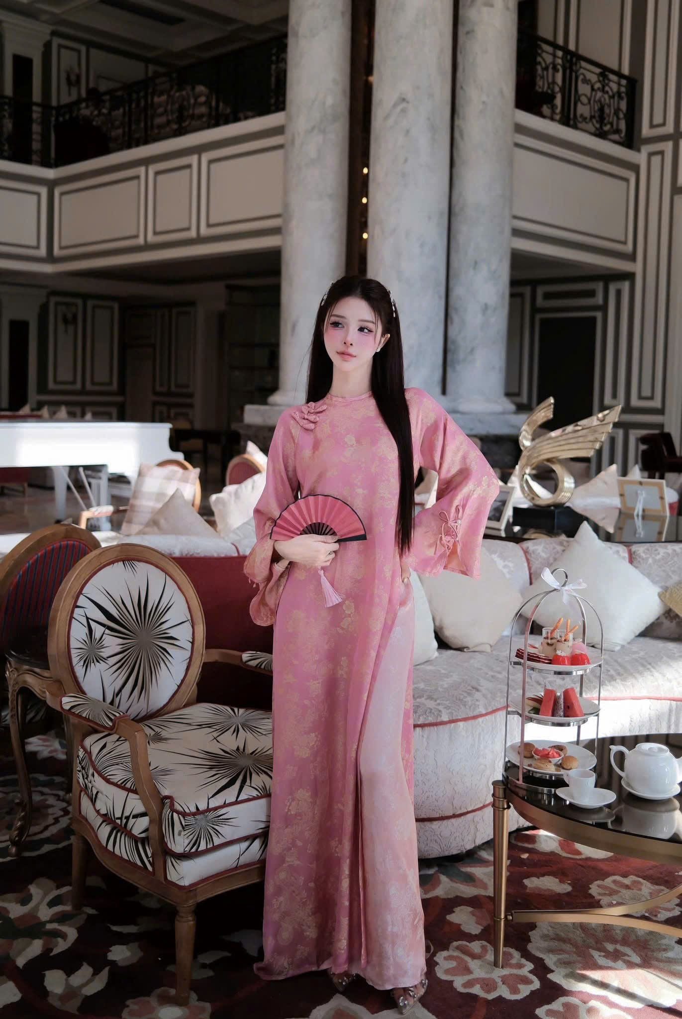  Set bộ áo dài hồng vân hoa mix quần suông rộng sang trọng - G85 ( QUẦN DÀI 104CM , ÁO DÀI 122CM ) 