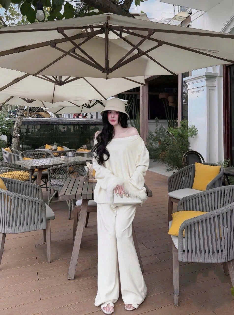  Set áo tay dài trễ phối lông mix quần suông dài chất len lông thỏ - KEM - E121 