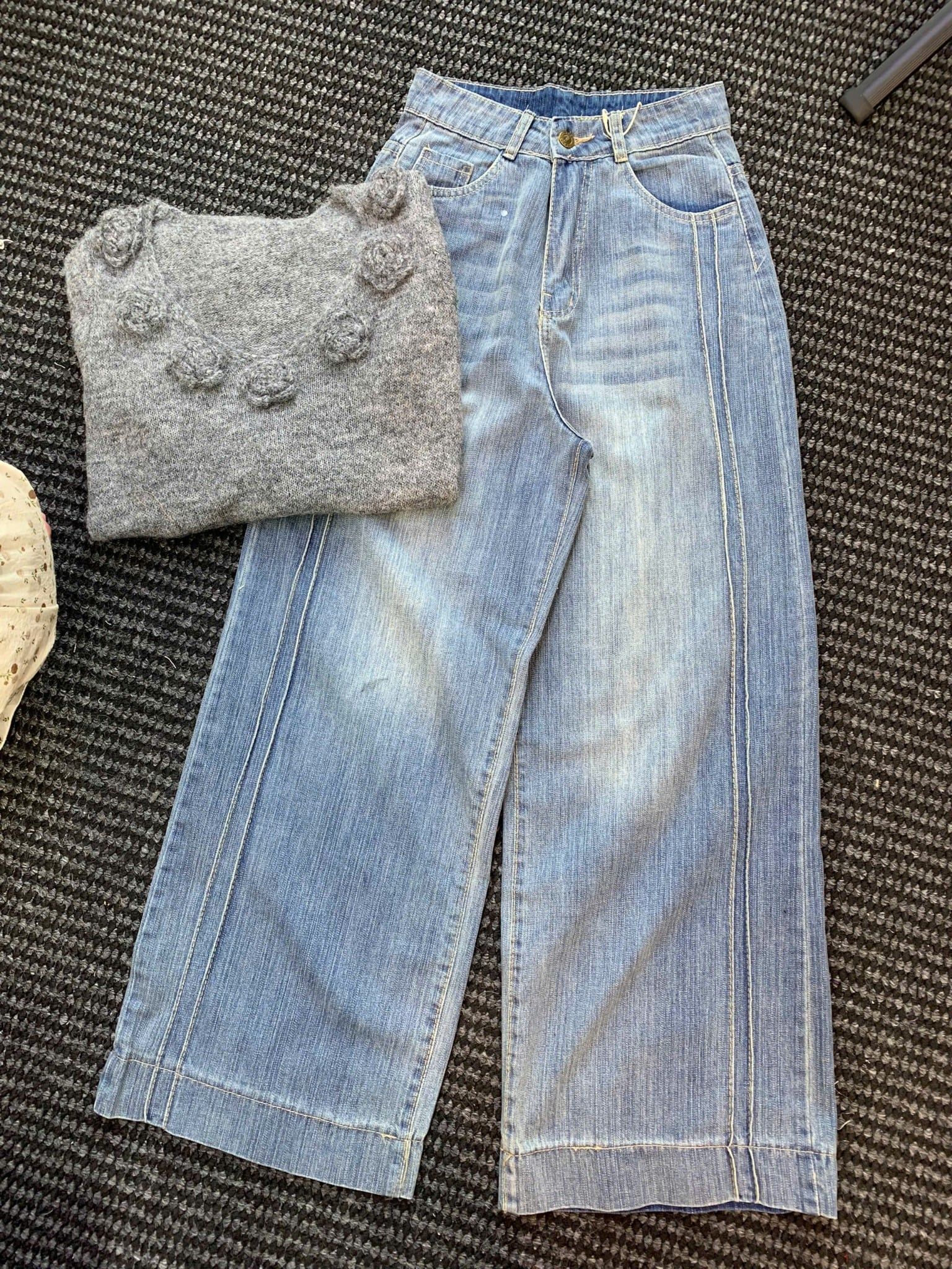  Set áo len xám đính hoa mix quần suông - Z37 ( eo S<64, M<68 ) 