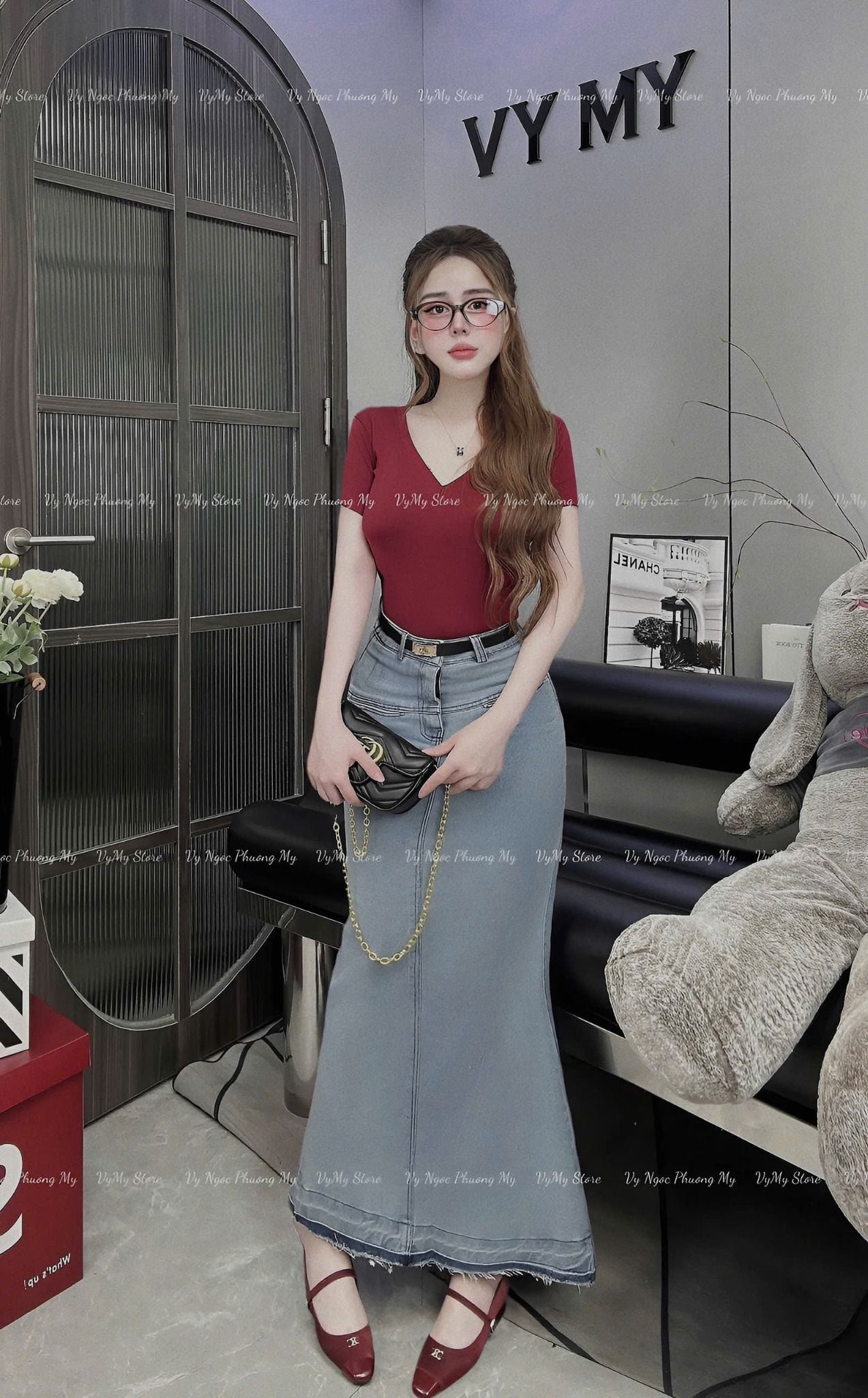  Set áo thun cổ tim mix chân váy jeans đuôi cá - Z56 ( TẶNG KÈM NỊT RANDOM ) (EO S<66, M<70, L<74) - (VÁY DÀI 90CM) 