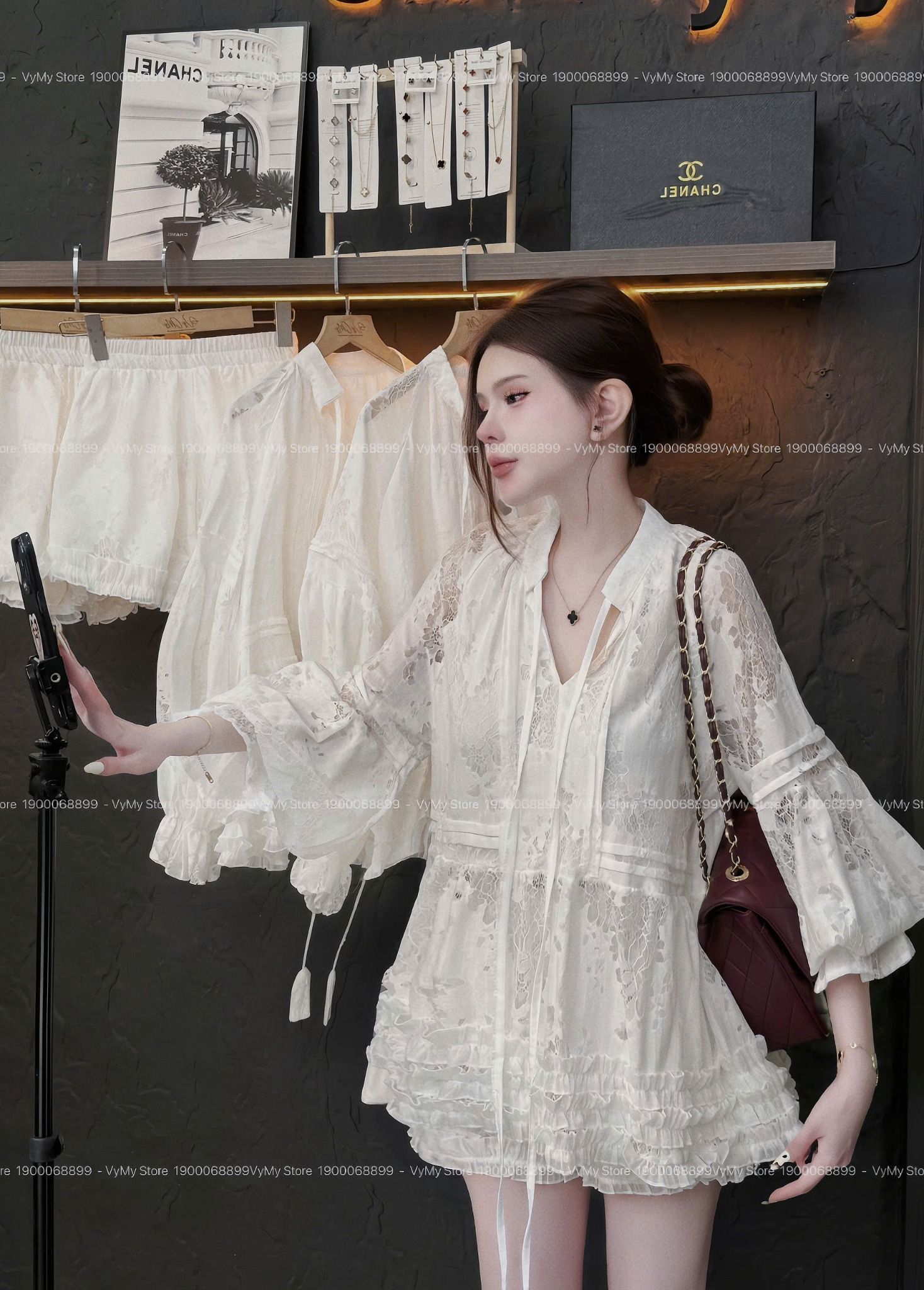  Set áo babydoll ren hoa bo chun buộc dây nơ mix quần short siêu xinh - A232 H21 