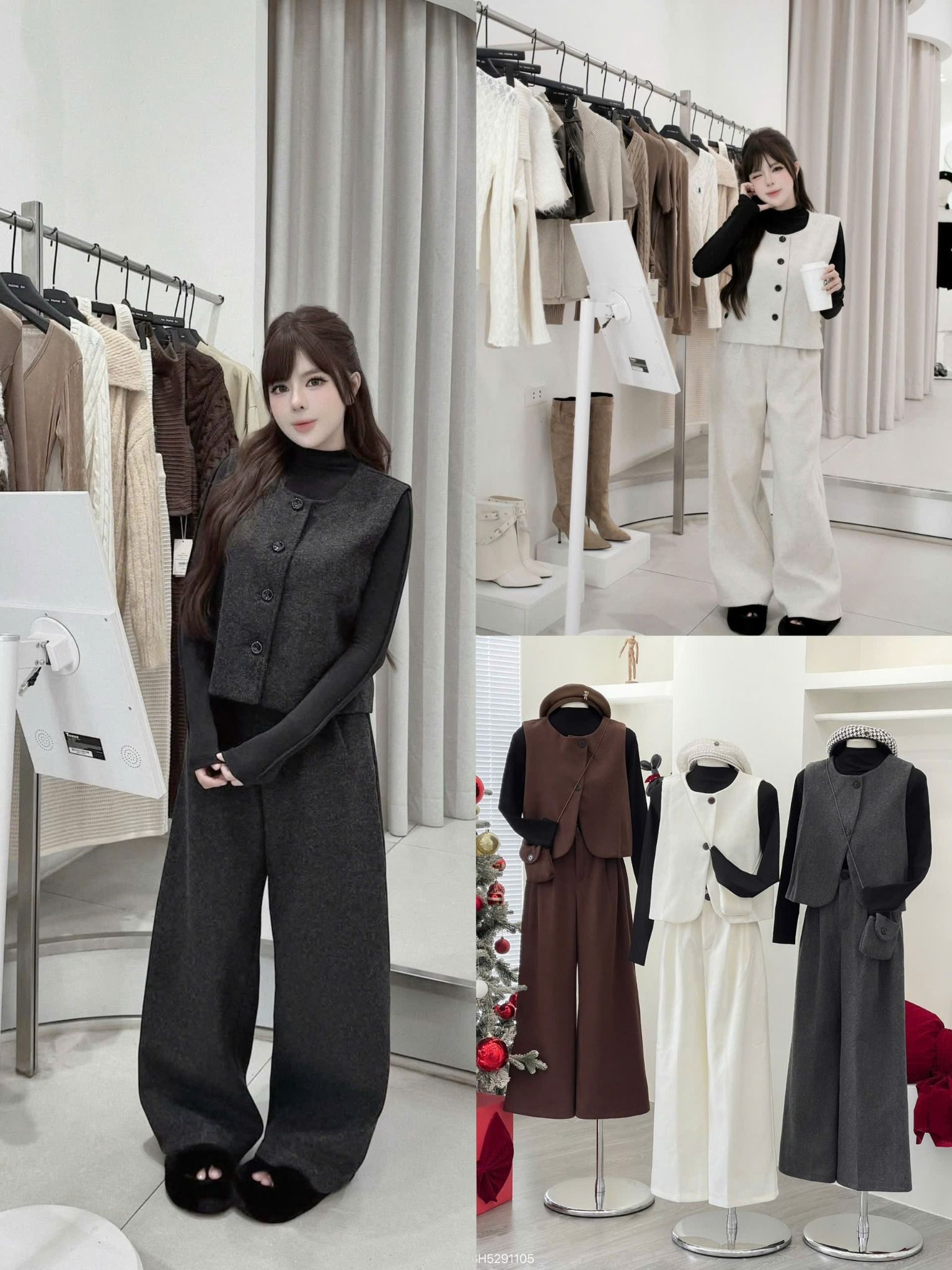  Set 4 món áo cổ lọ phối áo gile mix quần suông ống rộng chất dạ kèm túi mini - XÁM - Z32  ( lưng chun S<52KG, M<57KG ) 