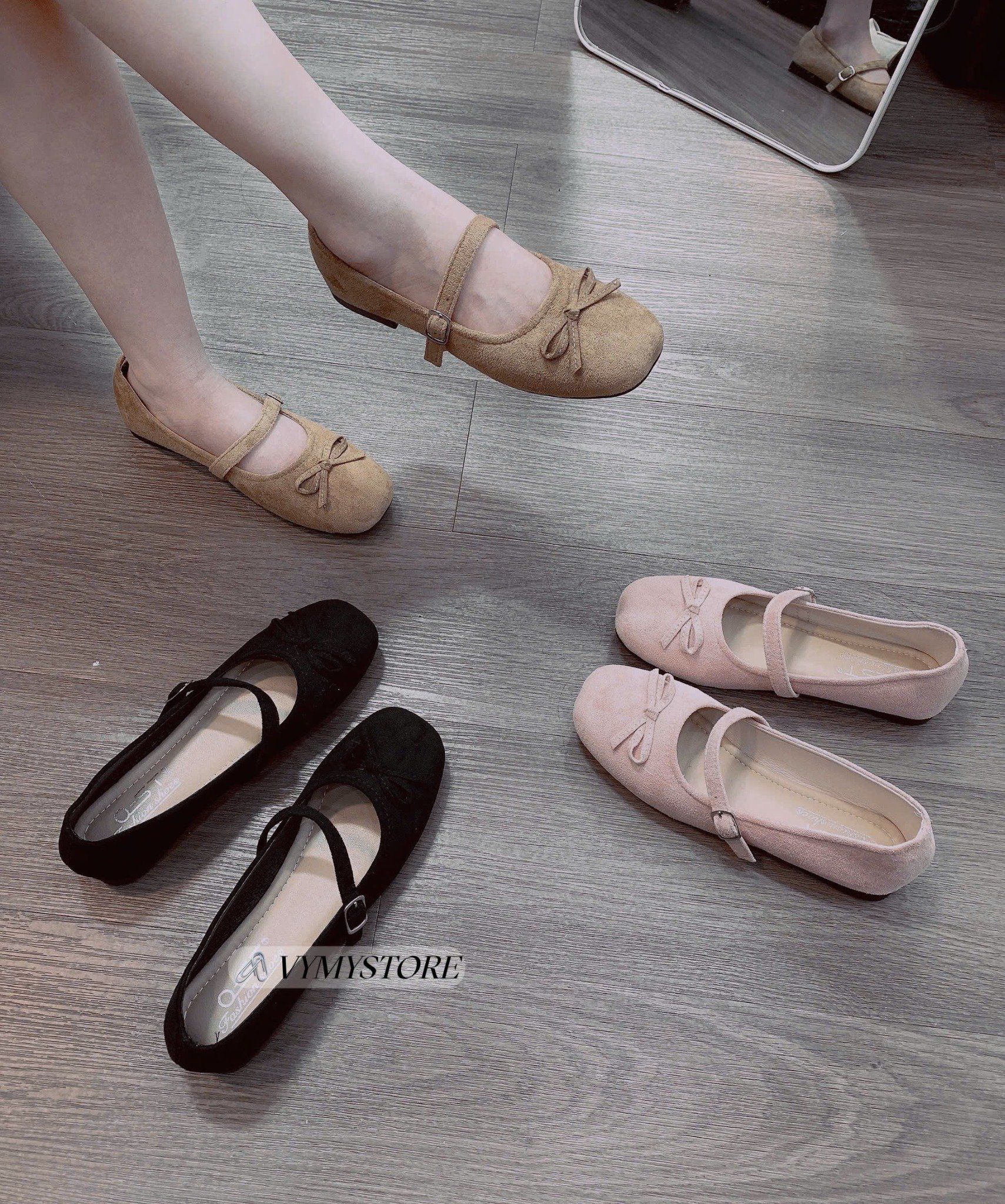  Giày búp bê đính nơ chất da lộn - NÂU - R30 