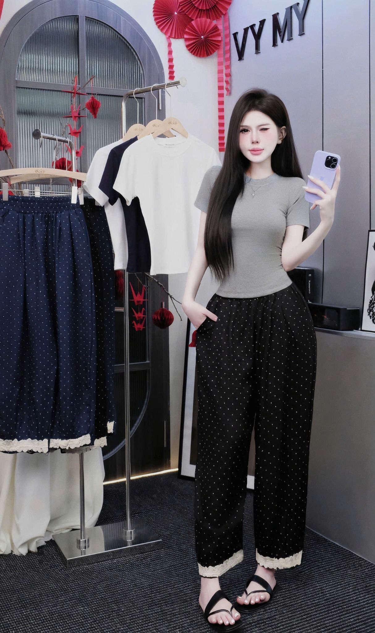  Set áo beauty co giãn phối quần baggy chấm bi phối ren - ÁO XÁM - QUẦN ĐEN - B42 ( QUẦN 92CM ) 