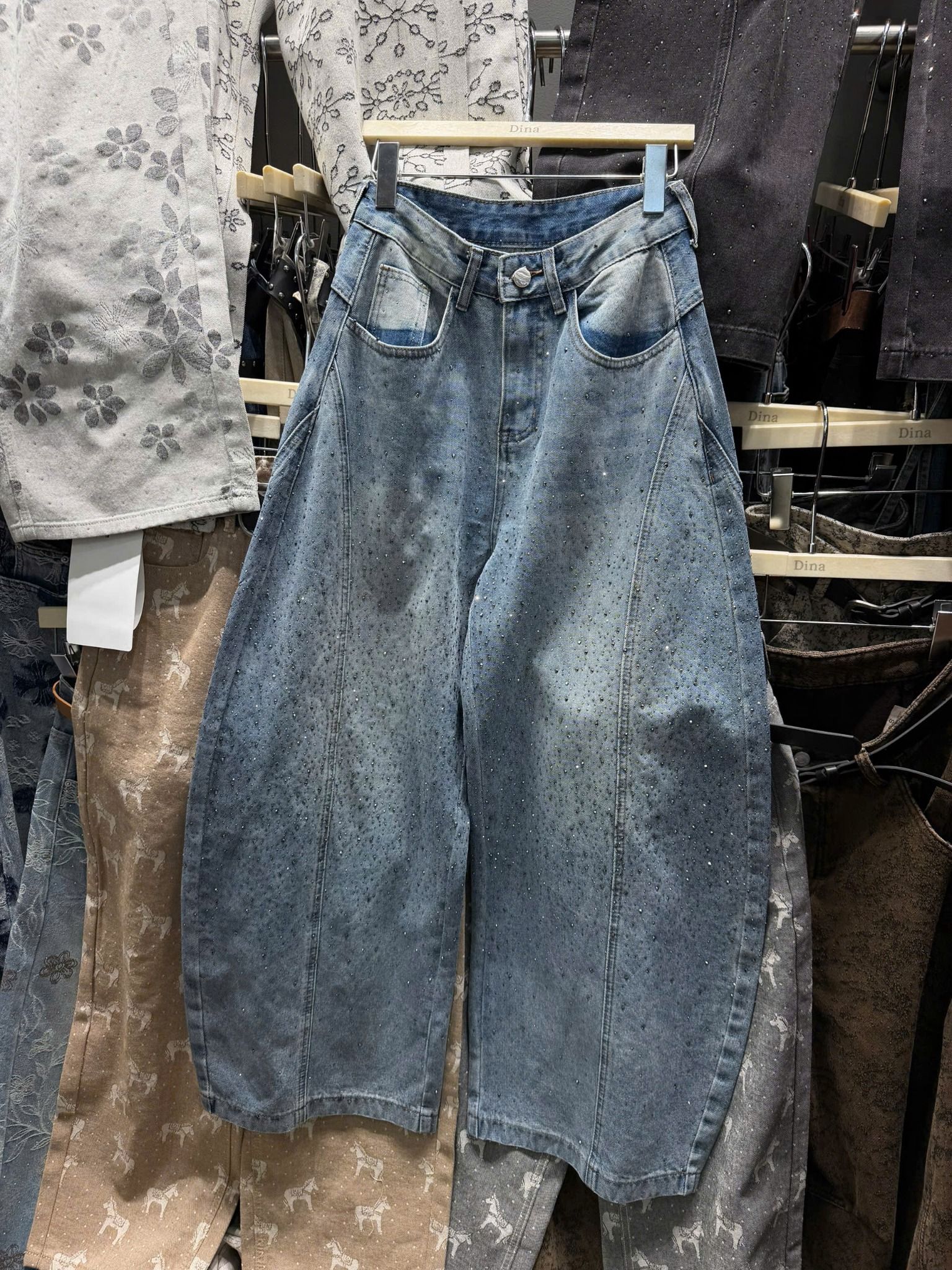  Quần JEANS suông 2 MẶT đính đá form rộng QCCC - S214 ( eo S<68, M<72, L<76 ) DÀI 107CM 