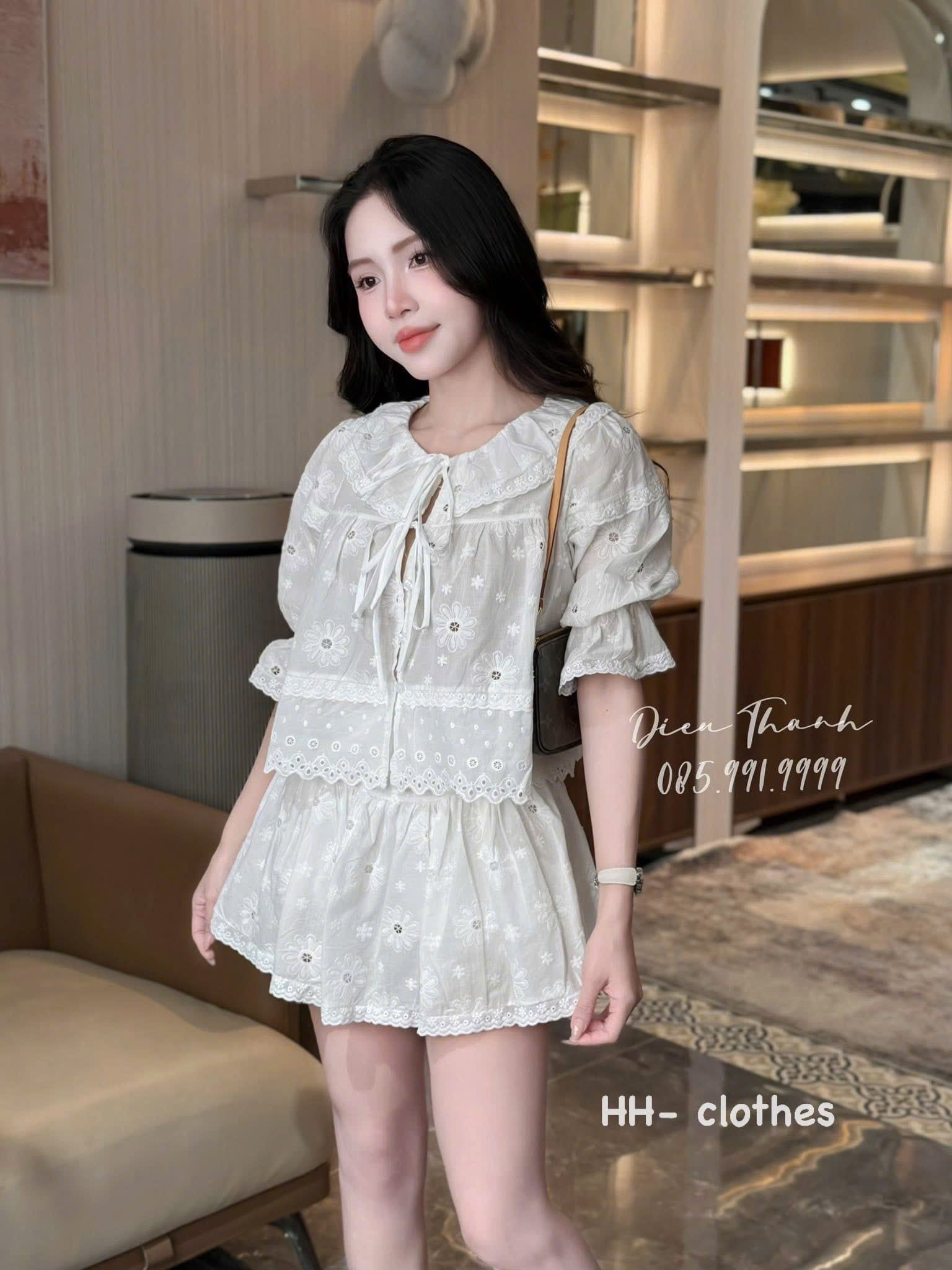  H27 Ste áo thêu hoa đục lỗ phối ren mix chân váy siêu hot - G106 (EO S<68, M<72) 