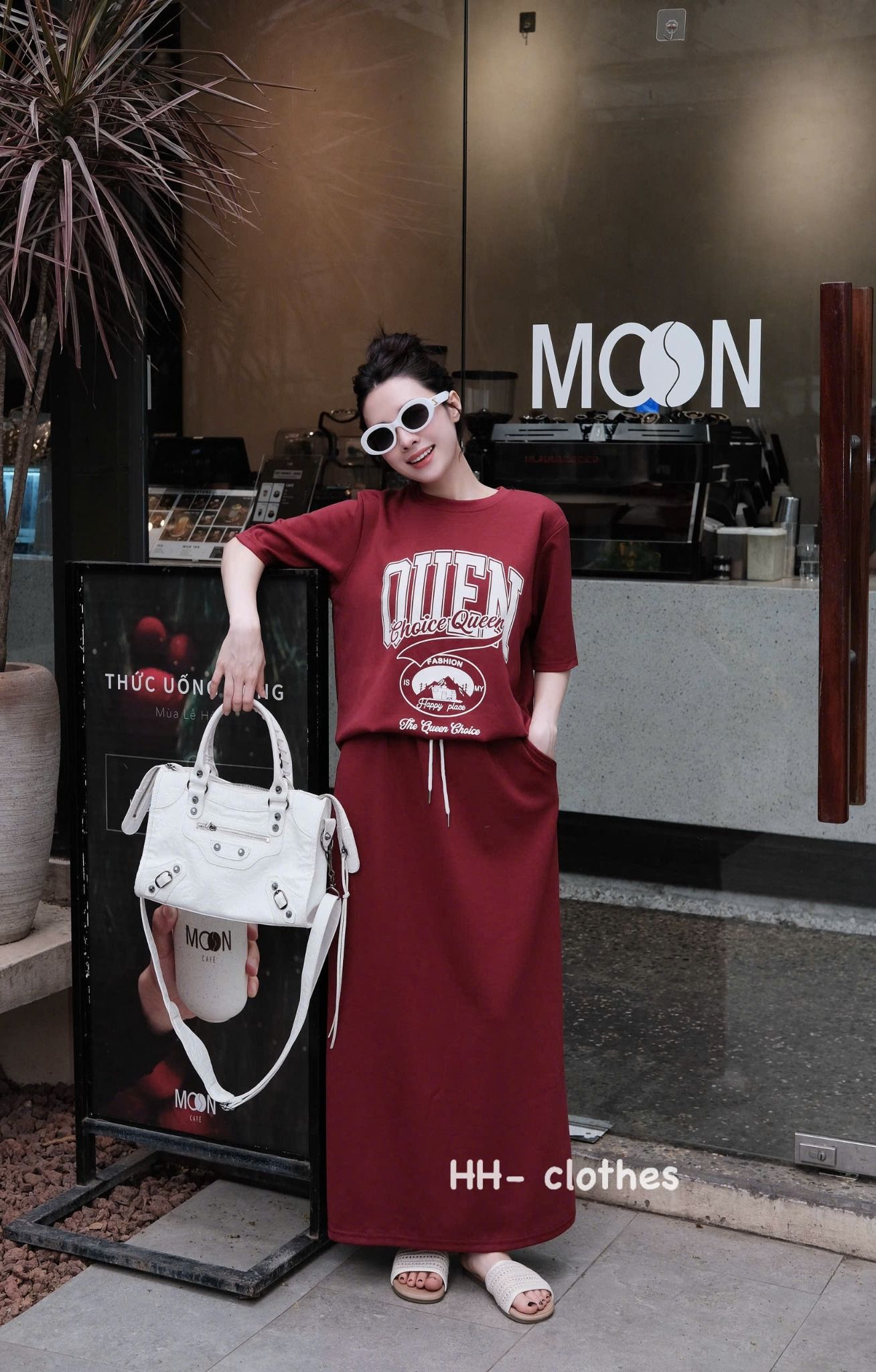  Set áo cổ tròn in chữ mix chân váy dáng dài dây rút dầy dặn - ĐỎ - K267 
