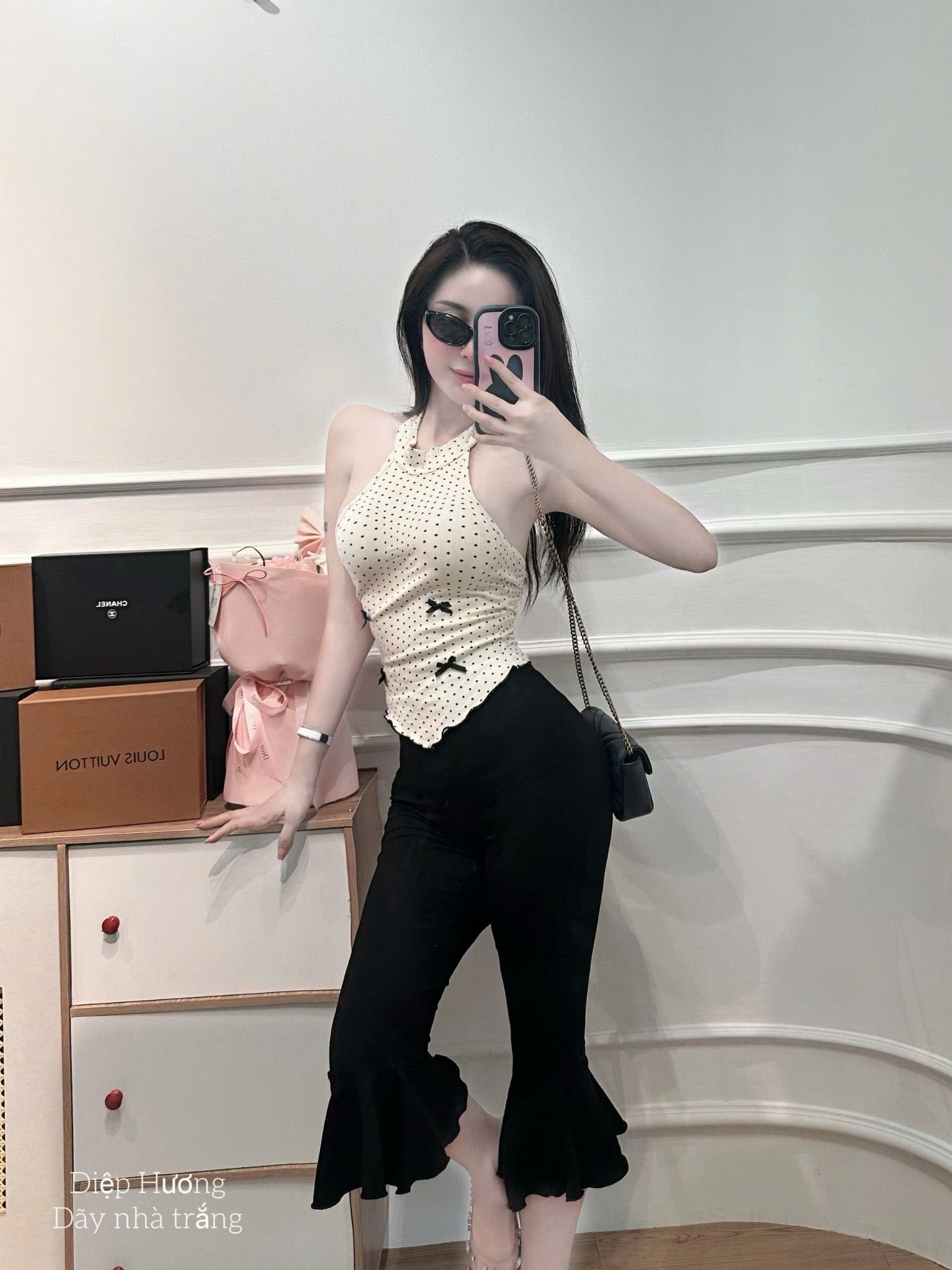  H33 Set áo cổ yếm họa tiết bi nơ mix quần lửng bèo - G109 