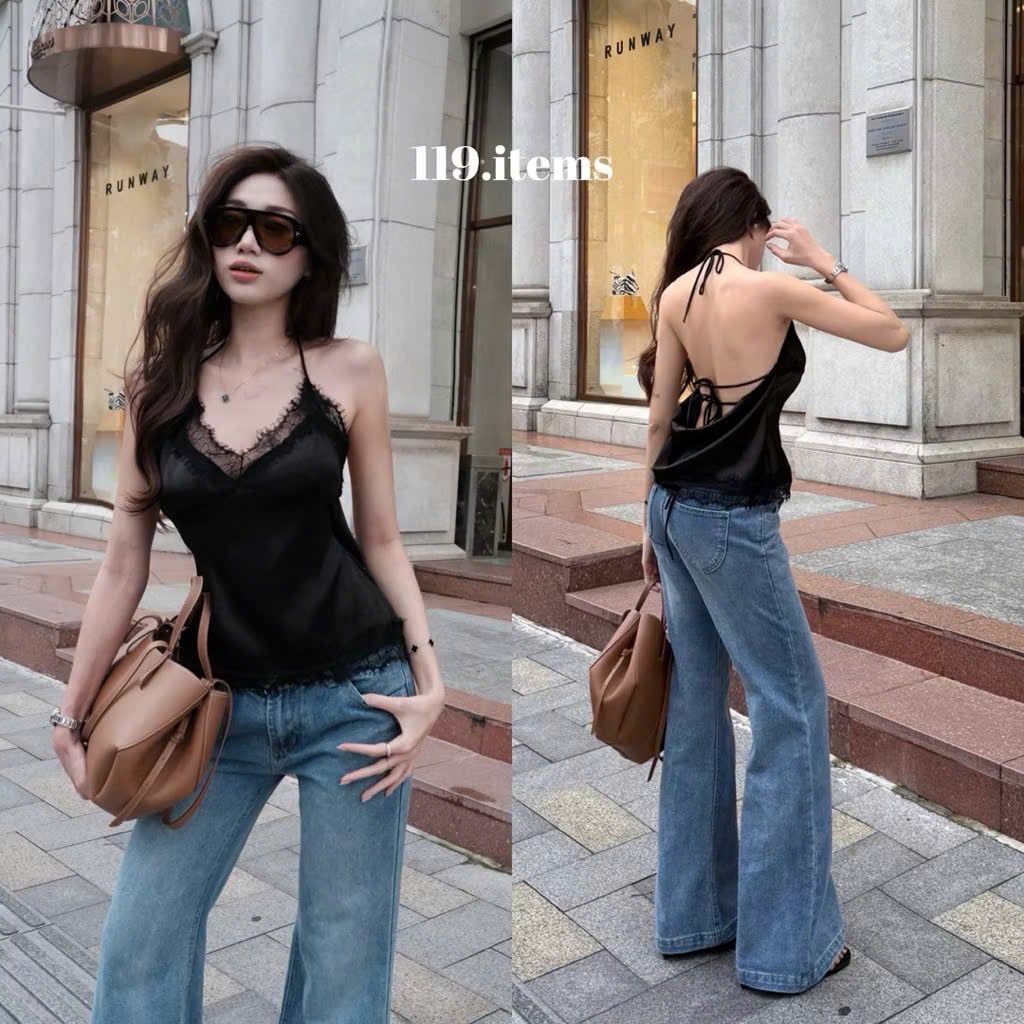 Áo lụa yếm hai dây hở lưng phối ren sexy - ĐEN - Z121 