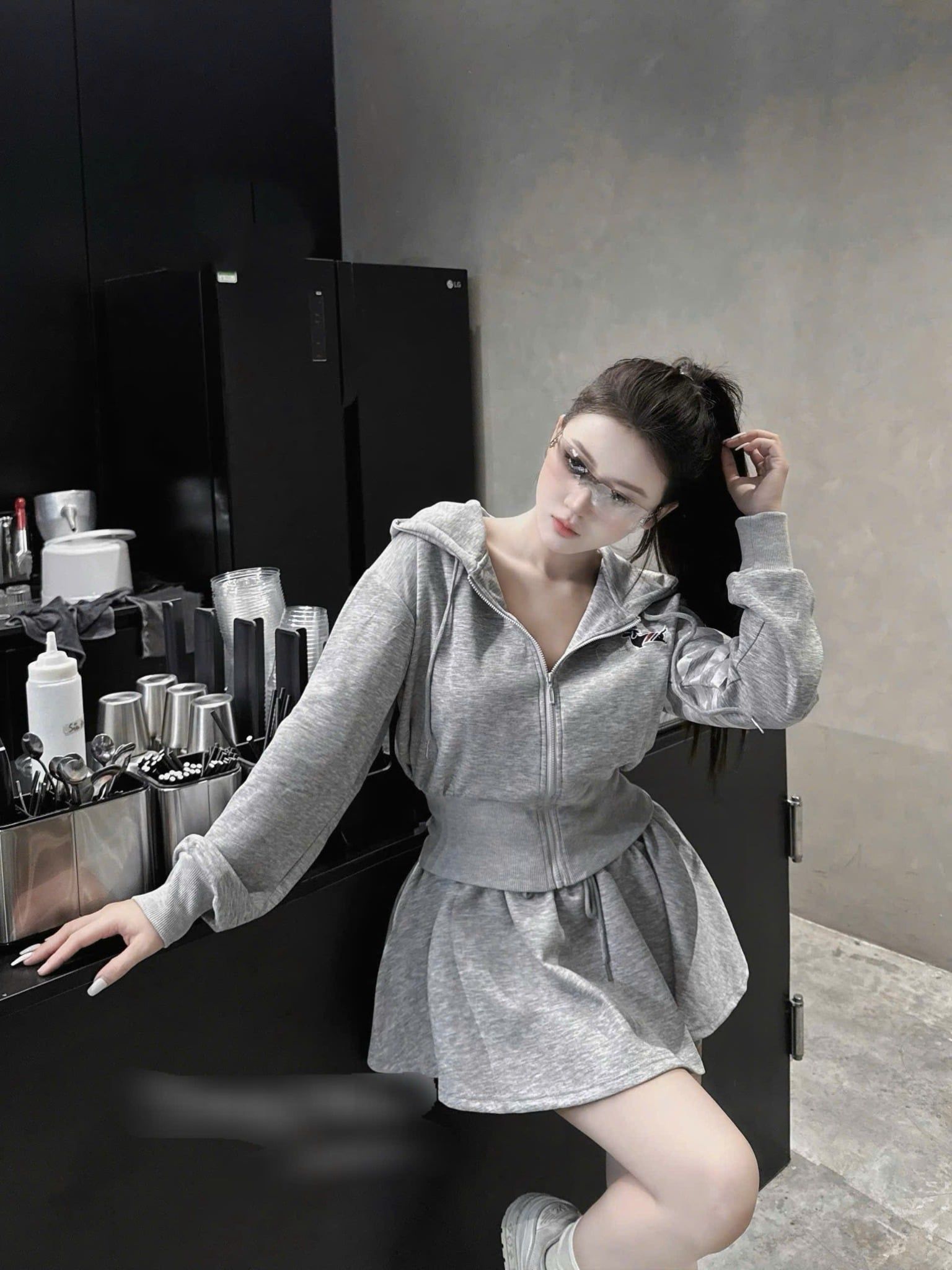  Set áo khoác phối sọc thome mix chân váy xếp ly - XÁM - G118 