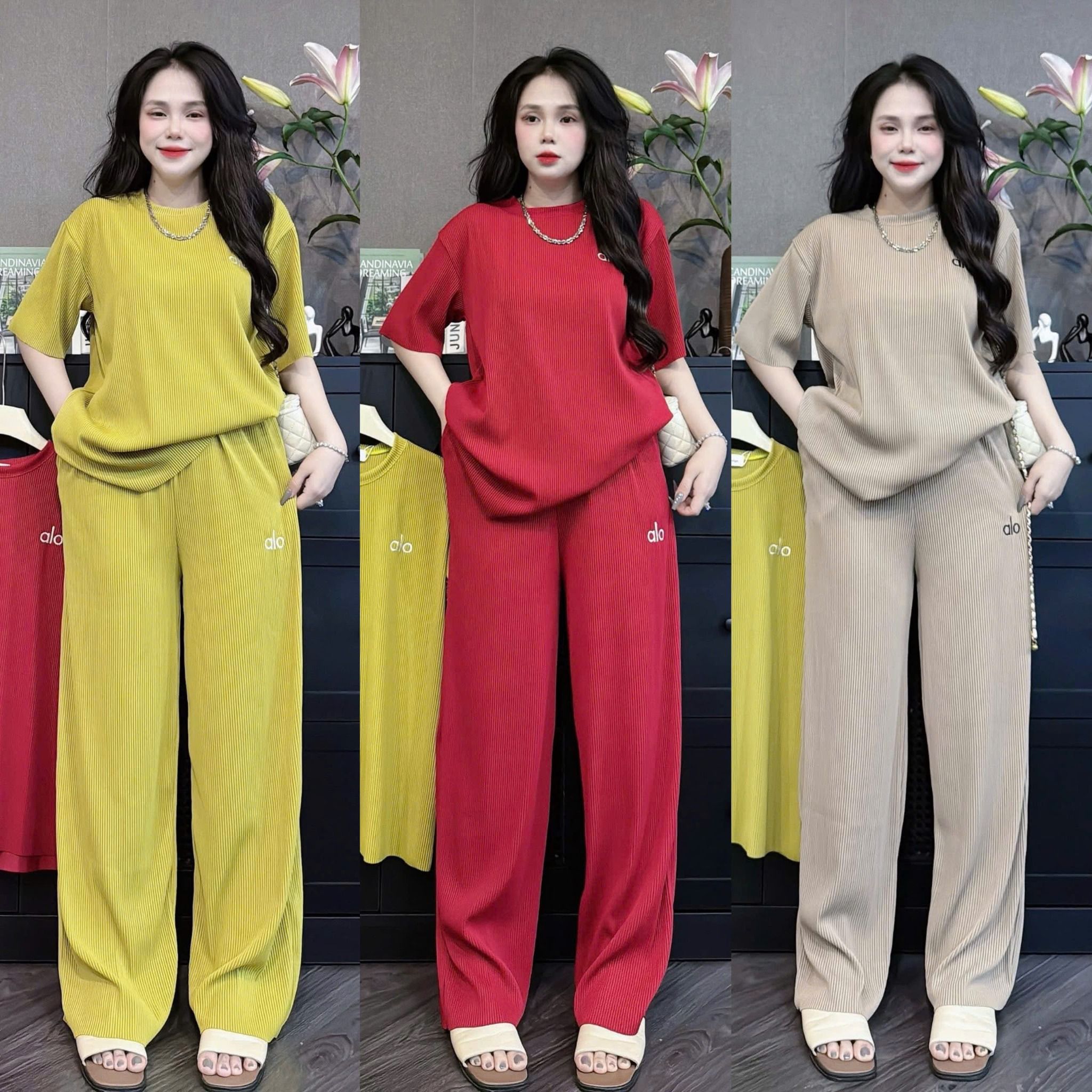  Set bộ thun gân thêu chữ alo mix quần suông rộng - BE - Z96 ( QUẦN 105CM, ÁO 70CM ) 