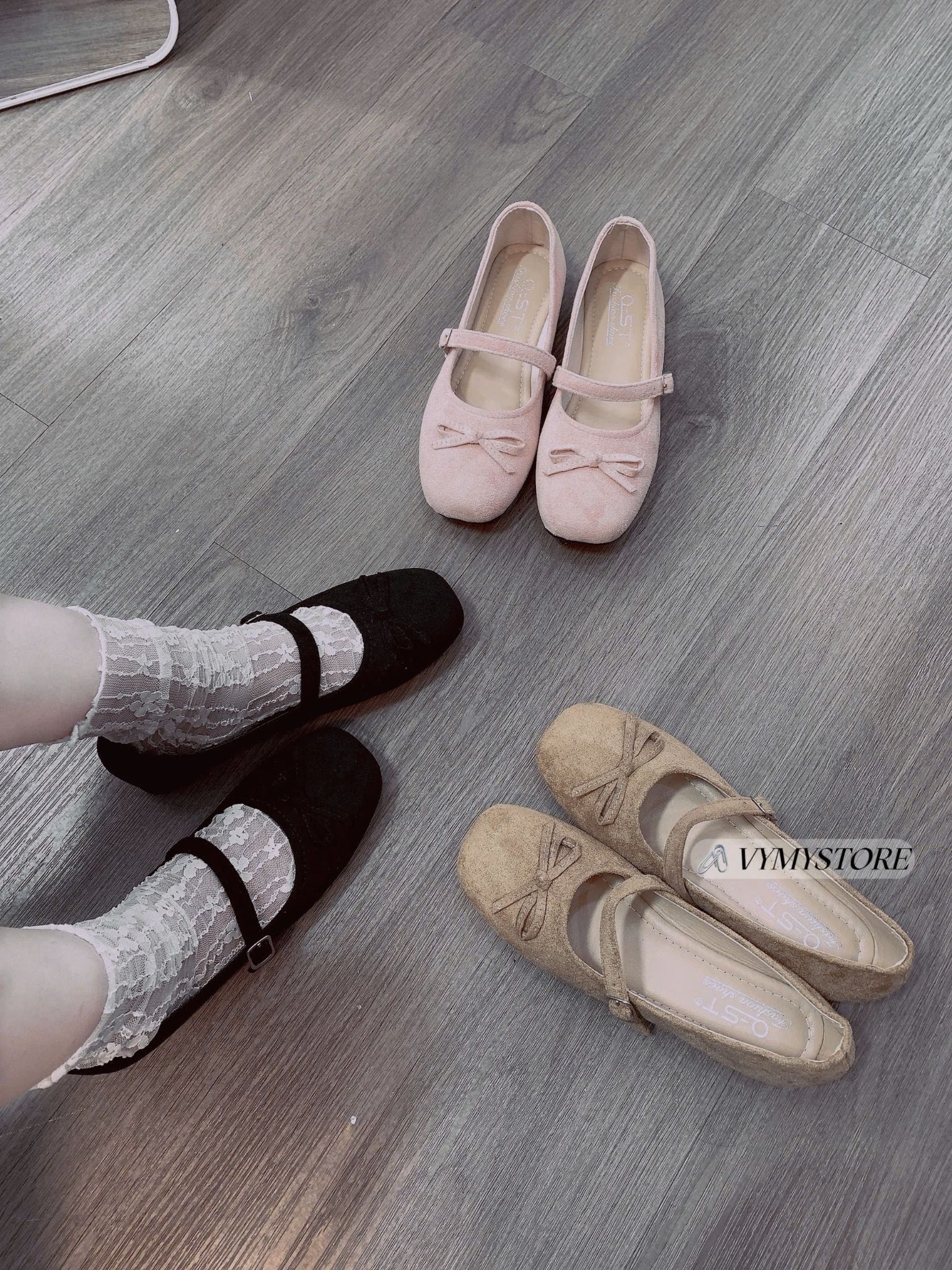  Giày búp bê đính nơ chất da lộn - ĐEN - R29 