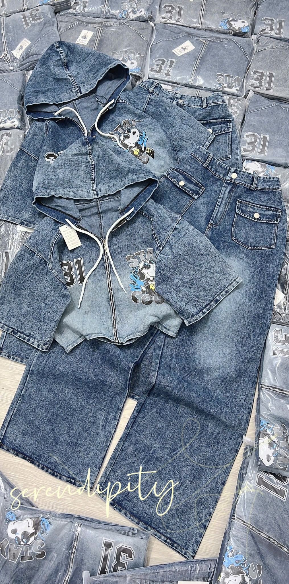  Set jeans có nón cún stay mix quần dài phối túi - Z171 