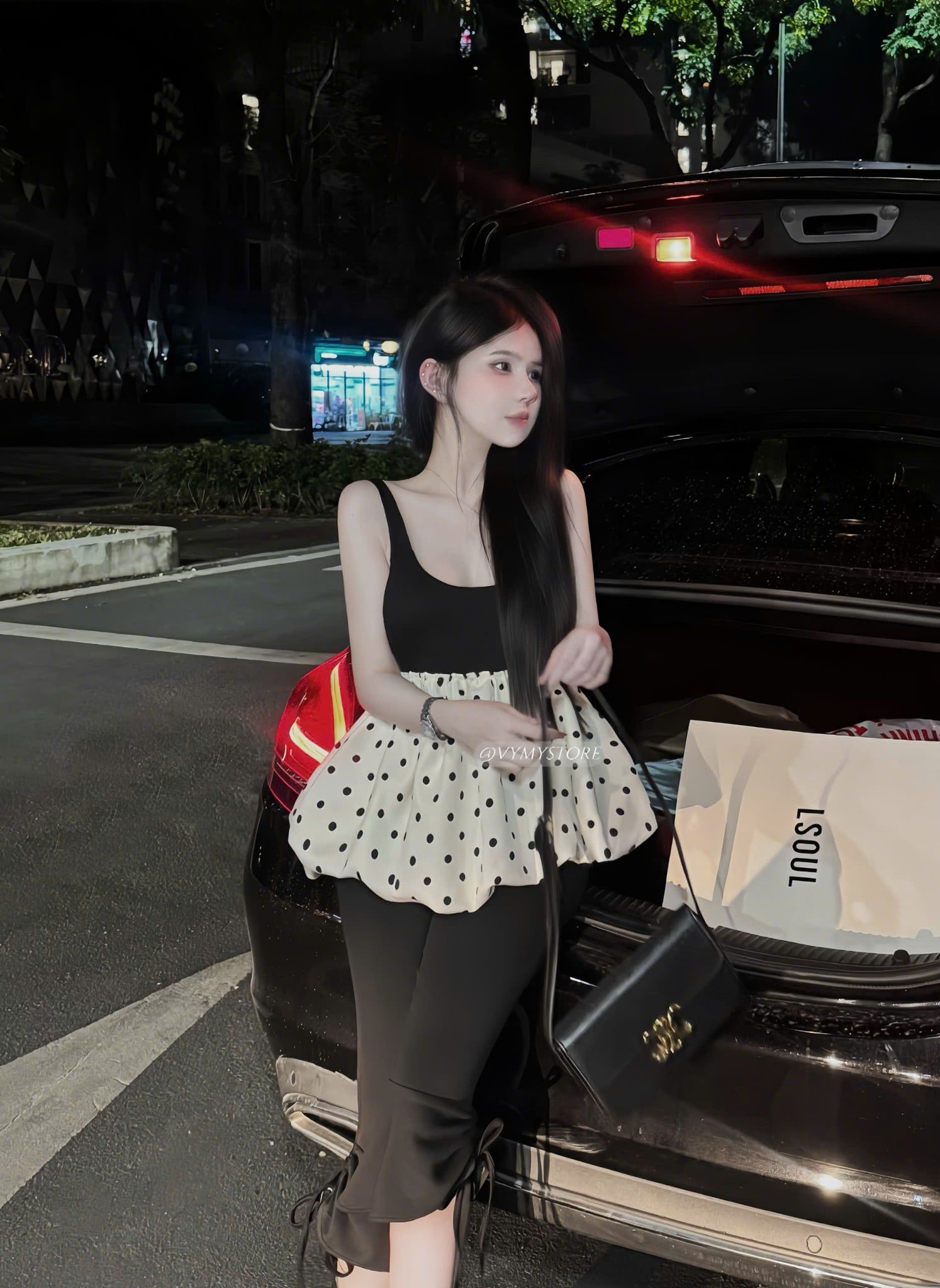  Set áo bí buộc nơ sau chấm bi mix quần lửng phối bèo dây rút - K6 (EO S<68, M<72, L<76 co dãn nhẹ) (Áo dài 63cm, Quần dài 64cm) 