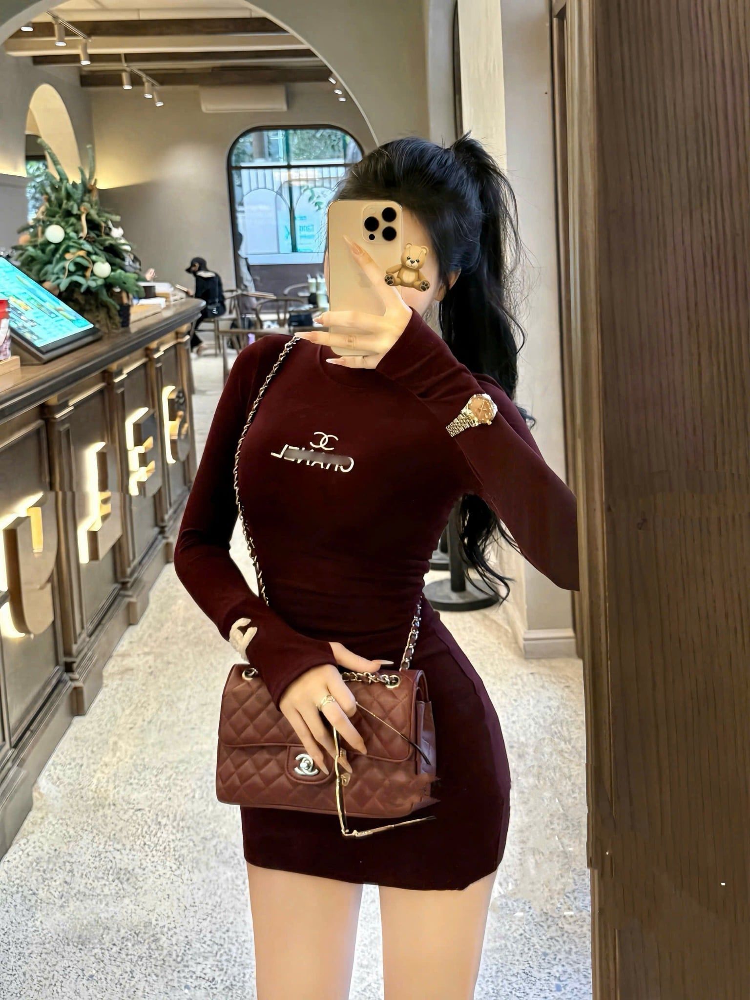  Đầm body tay dài dáng ngắn logo CHANEL - ĐỎ - S96 