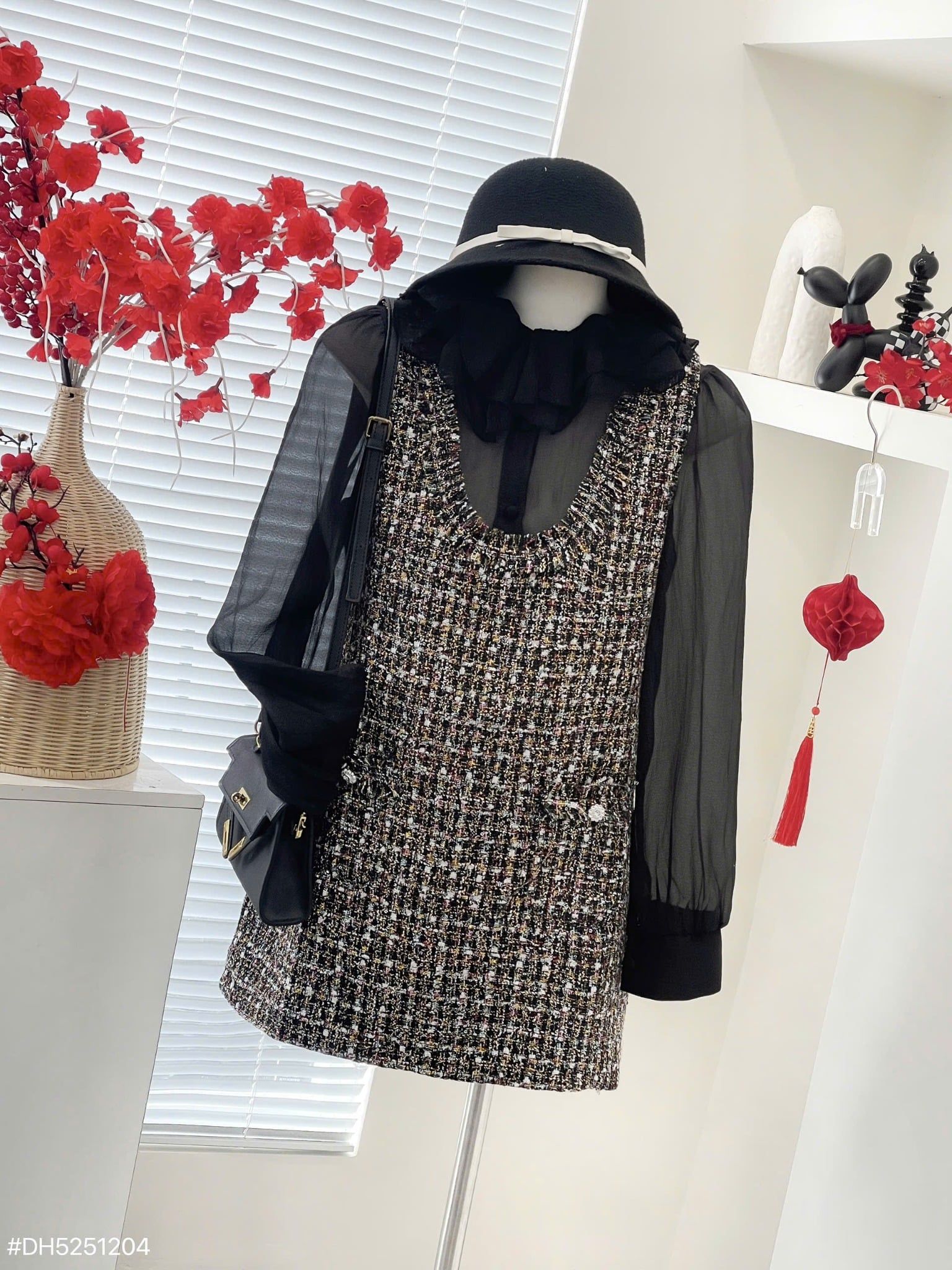  Set áo sơ mi cổ bèo phối đầm dạ sát nách - ĐEN - G91 