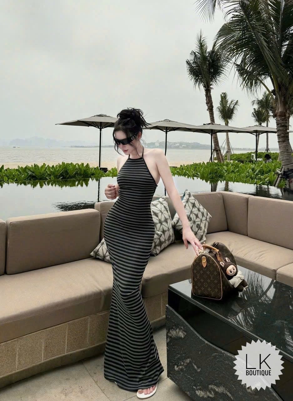  Đầm body cổ yếm hở lưng đan dây dáng dài kẻ sọc - Z269 