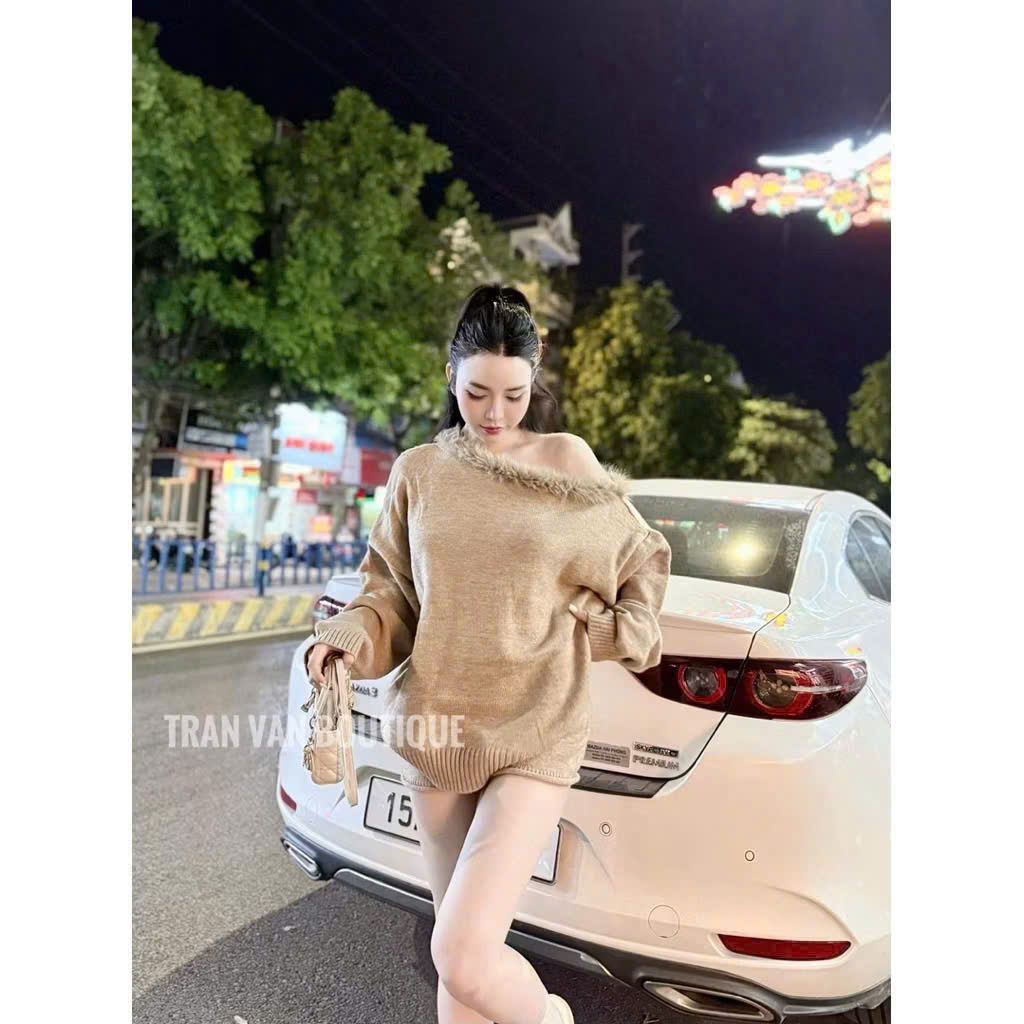  Set bộ len áo tay dài dơi cổ lông mix quần short xịn xò - BE - N179 