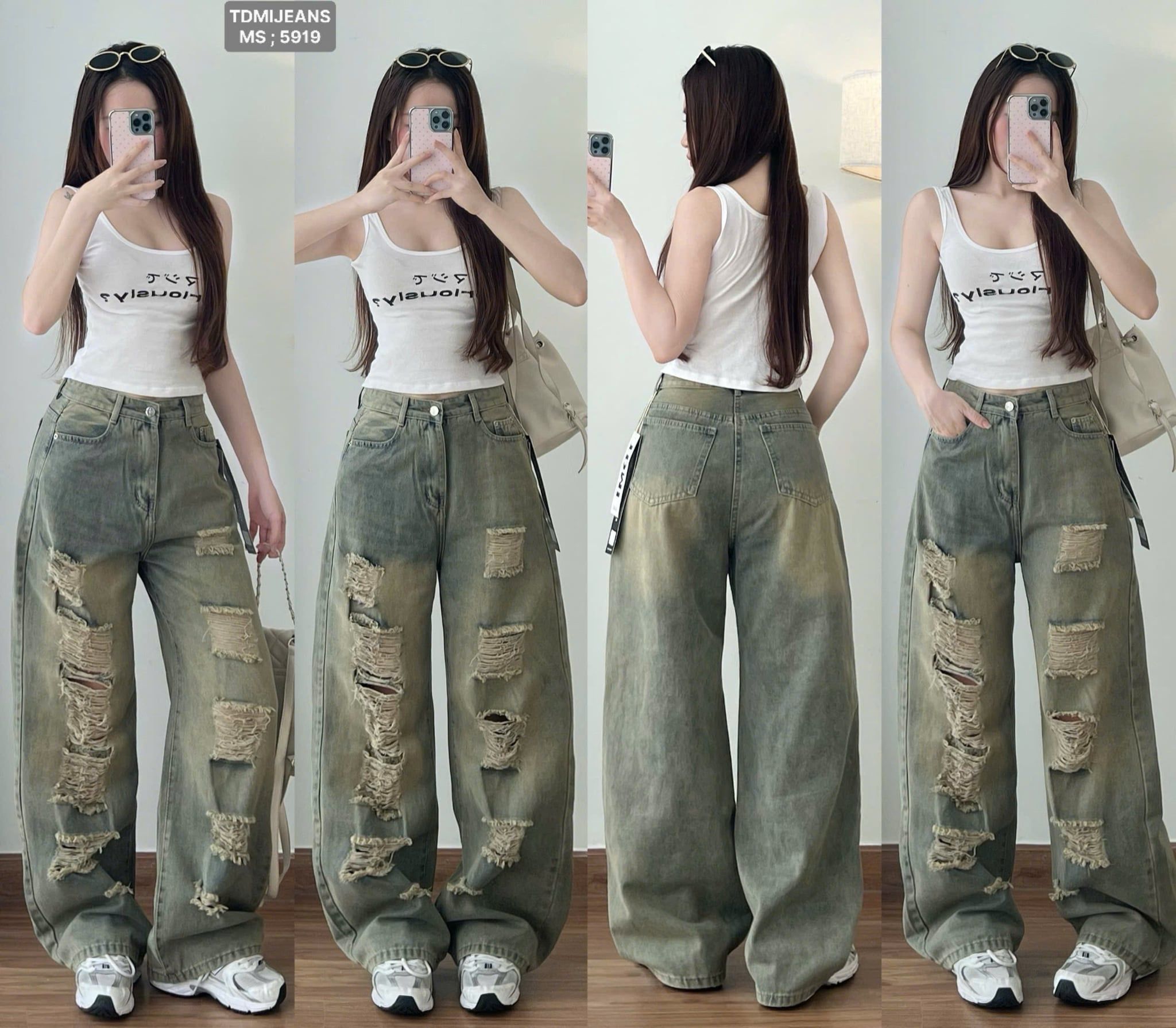  Quần jean ống suông wash màu rách kiểu - R46 (EO S<64, M<68, L<72, XL<76) 