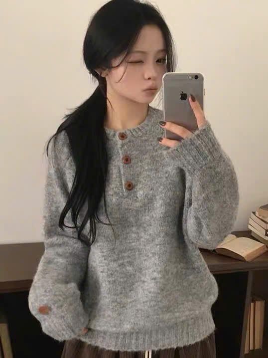  Áo len lông cổ tròn tay dài form rộng - XÁM - R38 