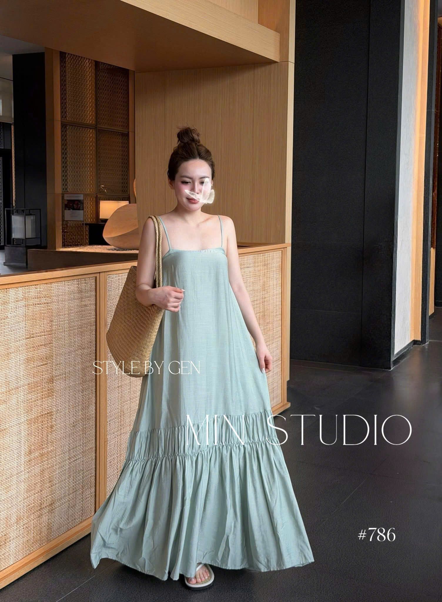  Đầm maxi 2 dây đuôi cá nhún tầng bèo siêu tôn dáng - XANH - K74 