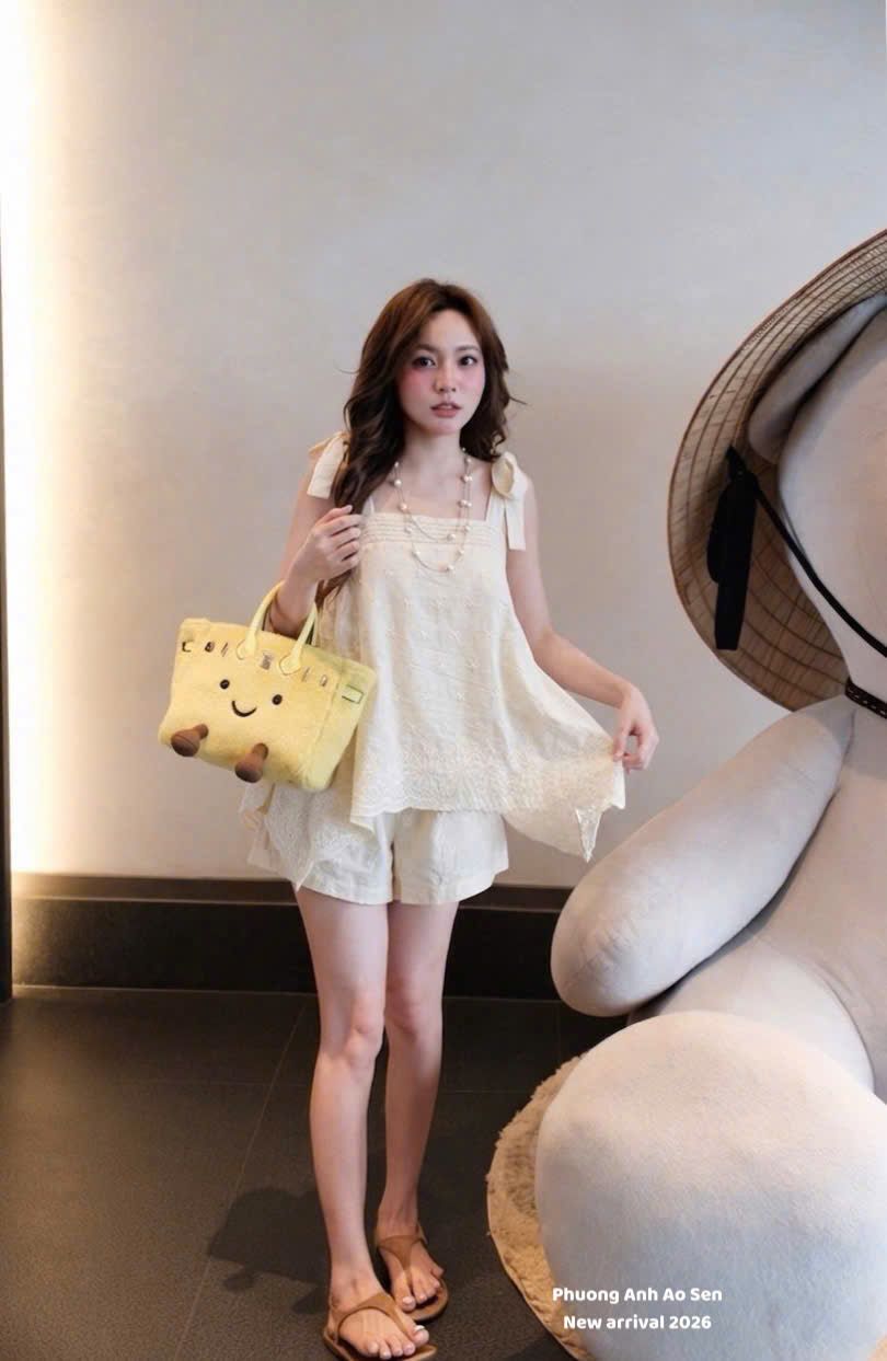  Set áo hai dây bản to buộc nơ ren dáng thụng phối quần đùi tôn dáng - KEM - G63 